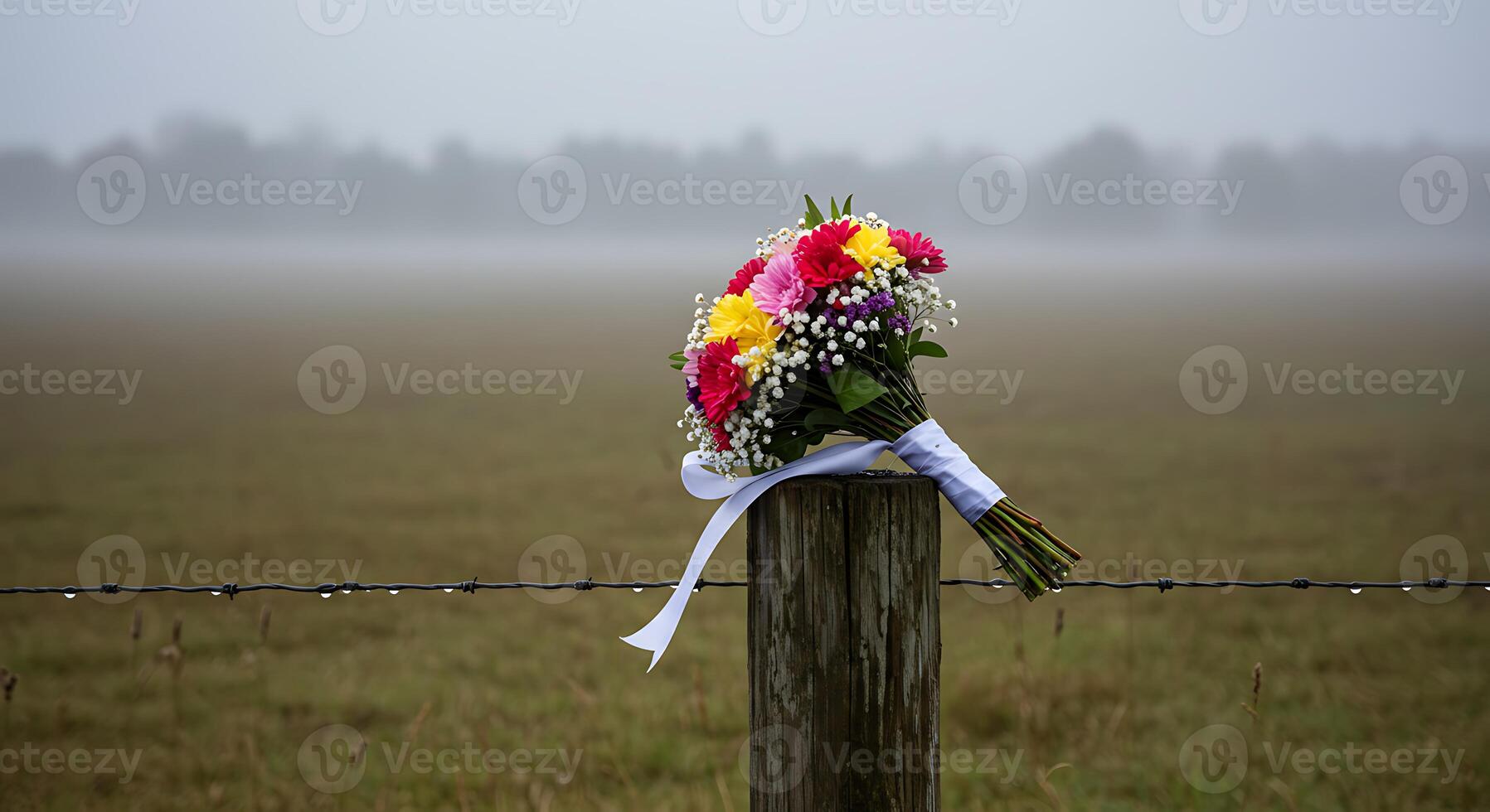 Colorful Flower Bouquet on Rustic Fence Post in Foggy Field photo
