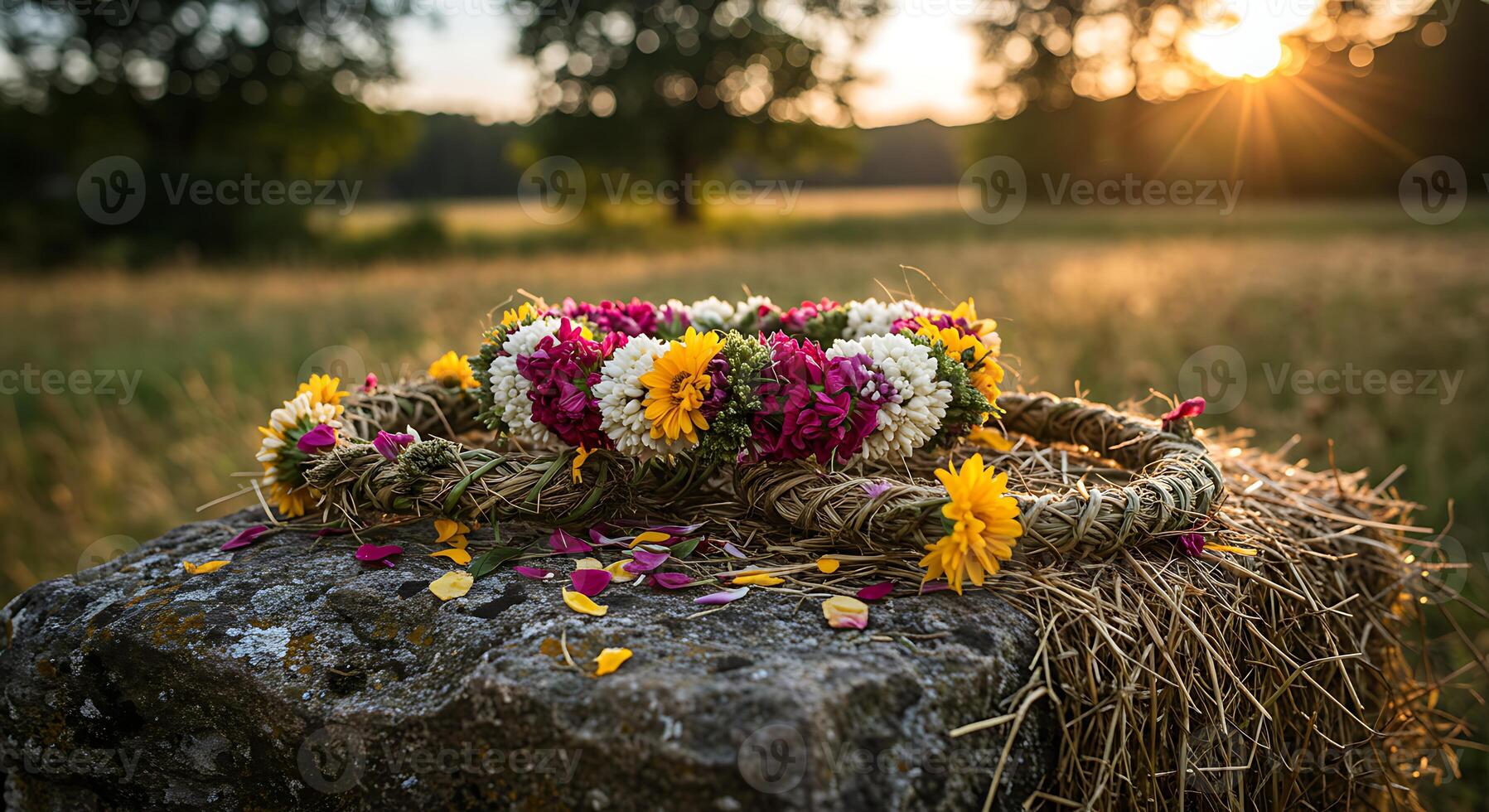 Flower Crown Leis Resting on Stone in Golden Hour Meadow photo