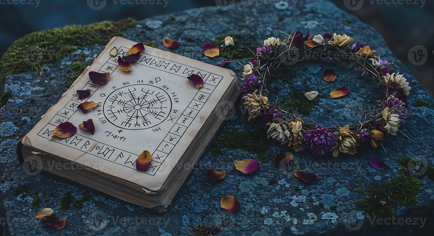 Open Spellbook with Runes and Floral Wreath on Mossy Stone photo
