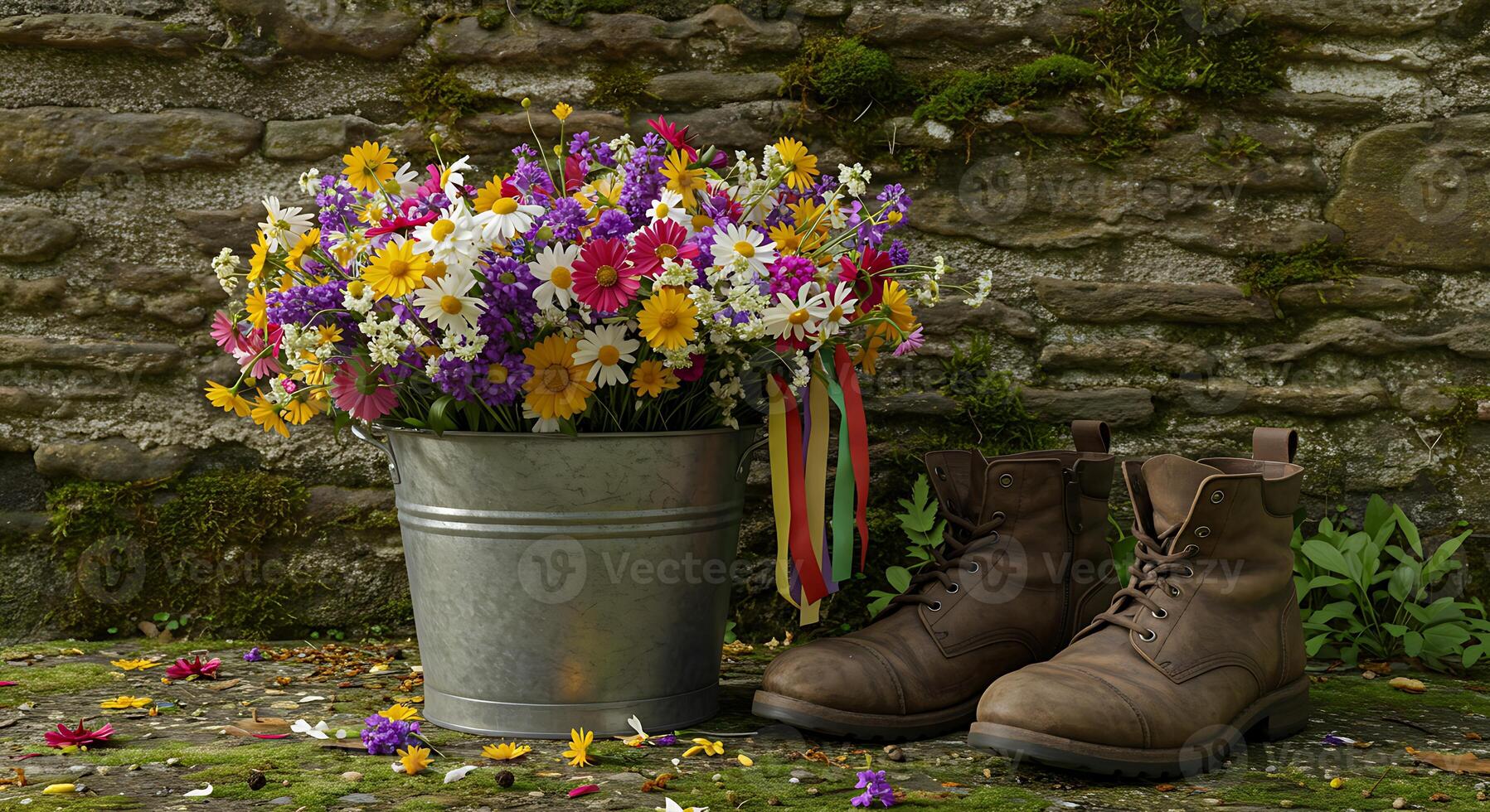 Wildflower Bouquet in Bucket Next to Boots on Mossy Stone photo