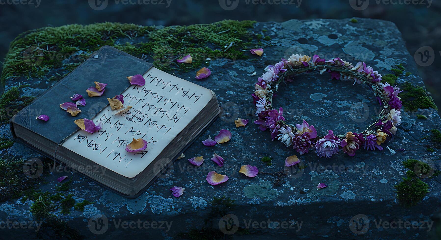 Open Book with Runes, Floral Crown, and Rose Petals on Stone photo