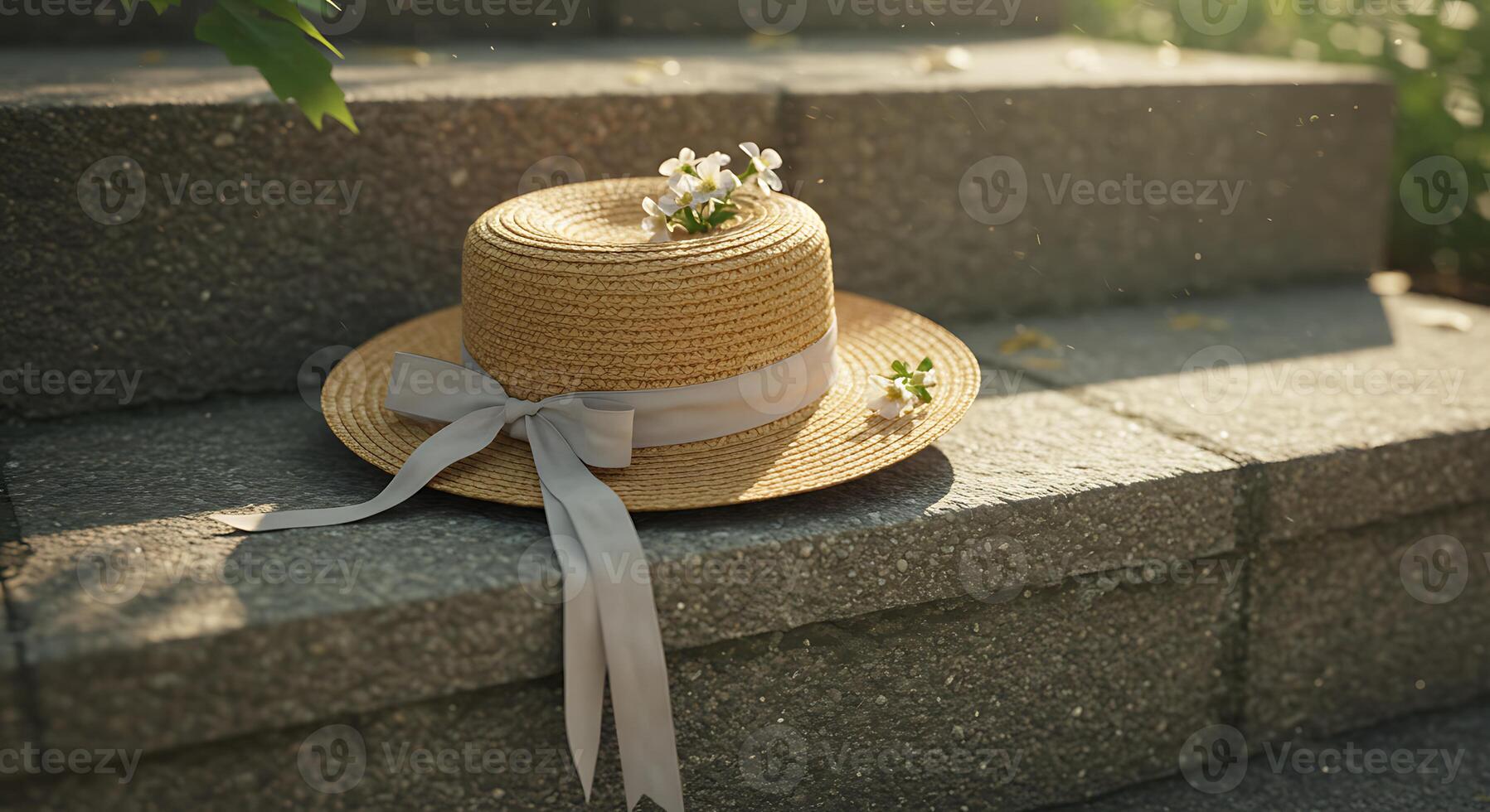 Straw Hat with Ribbon and Flowers on Stone Steps in Sunlight photo