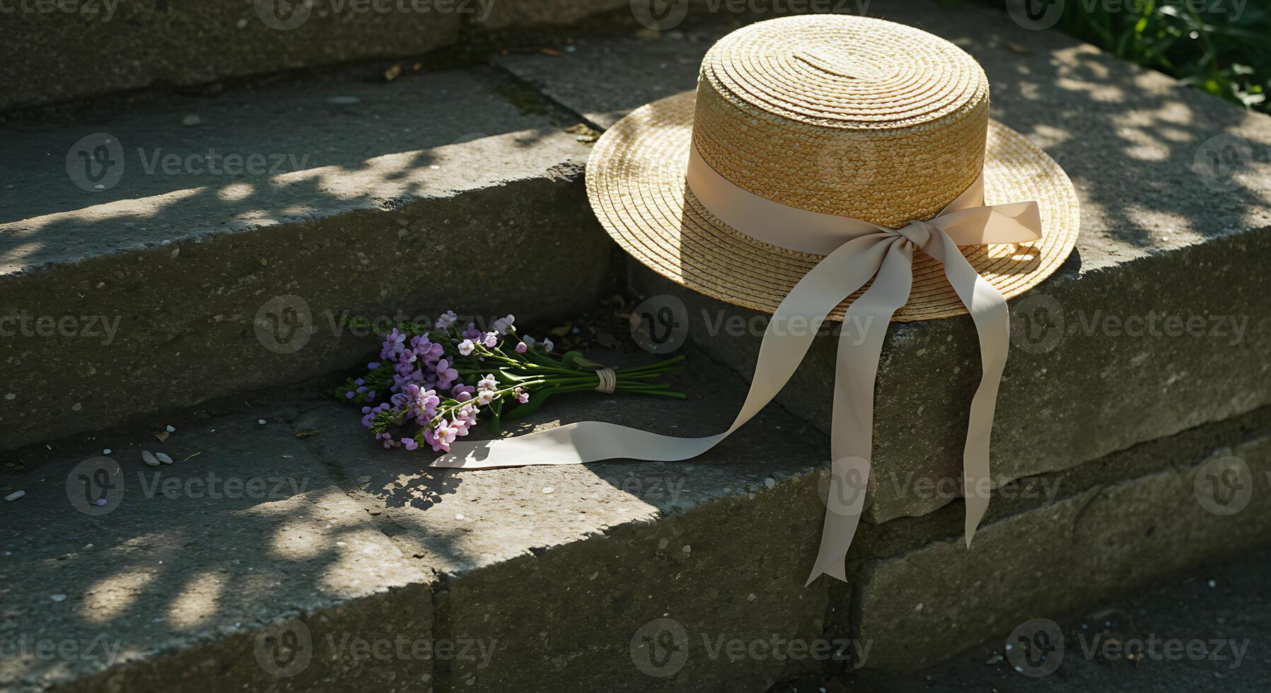 Straw Hat and Flower Bouquet Resting on Stone Steps in Sunlight photo