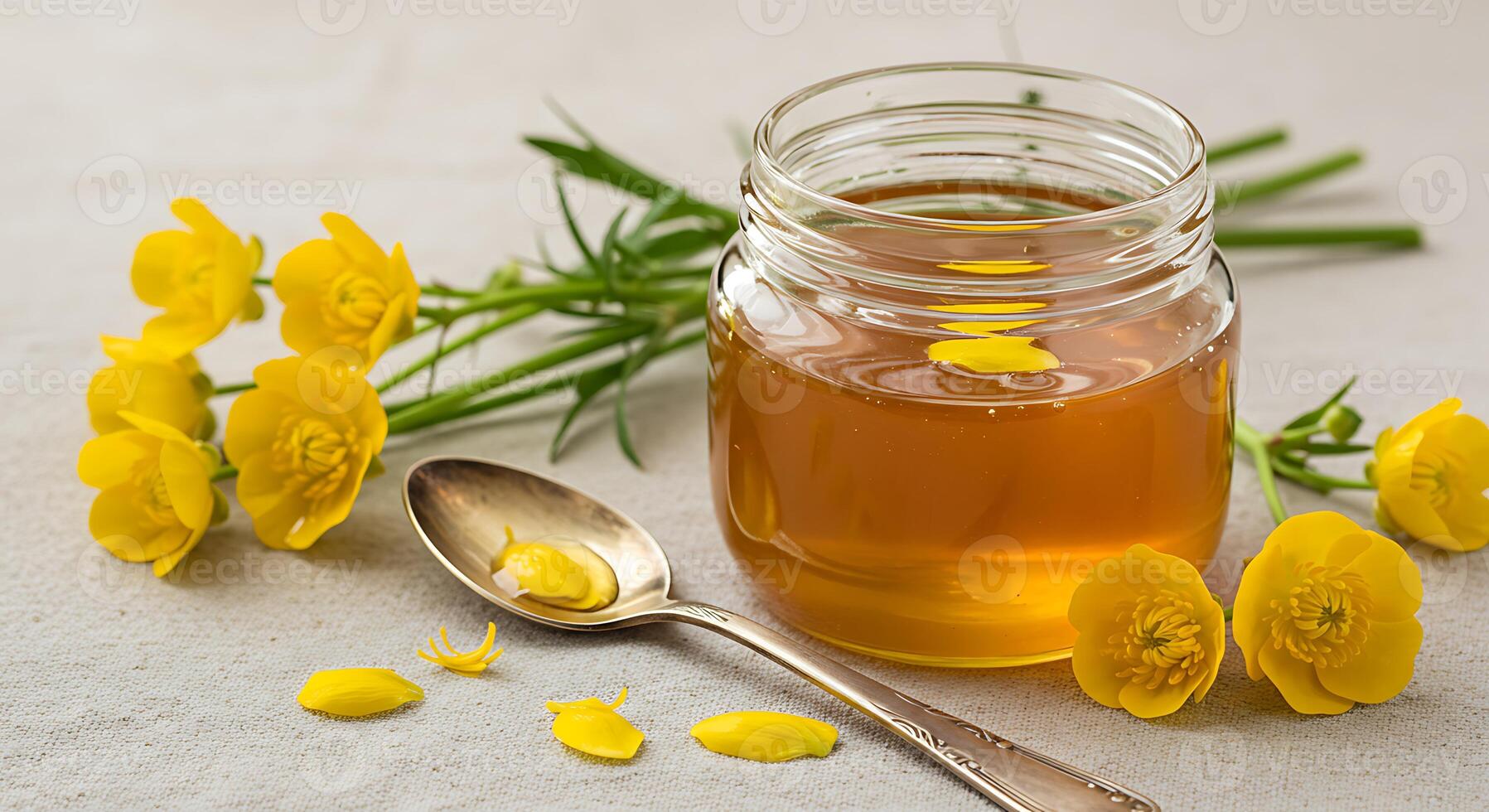 Golden Honey Jar with Flowers and a Spoon on Light Surface photo
