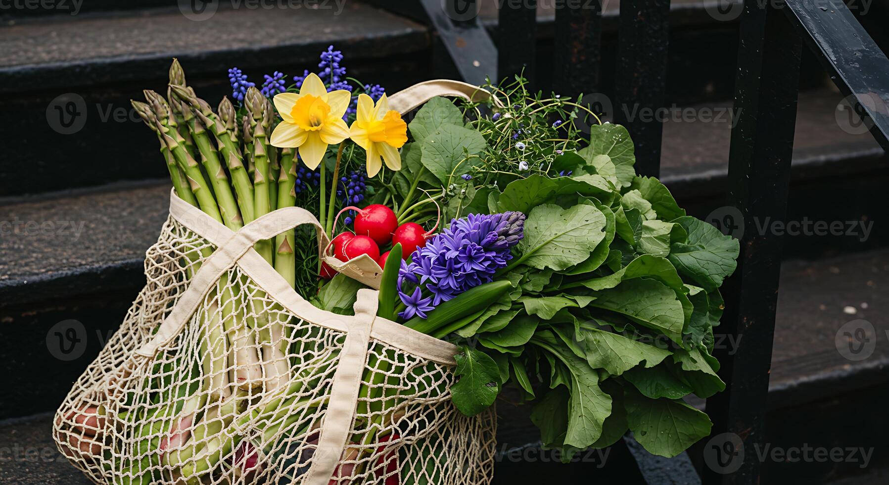 Fresh Spring Produce in Reusable Net Bag on Stairway photo