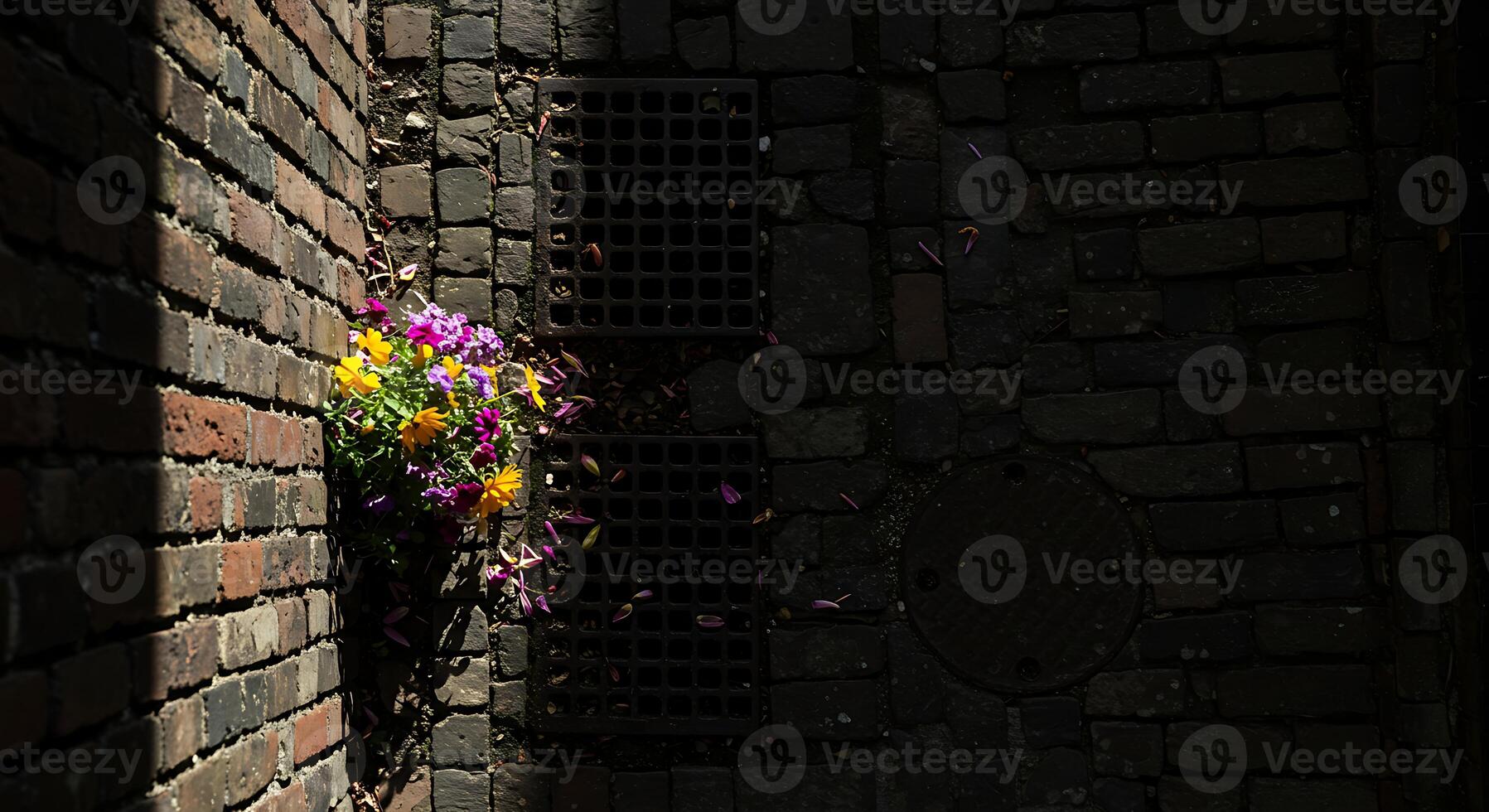 Vibrant Flowers Adorn Brick Wall on Cobblestone Street Corner photo