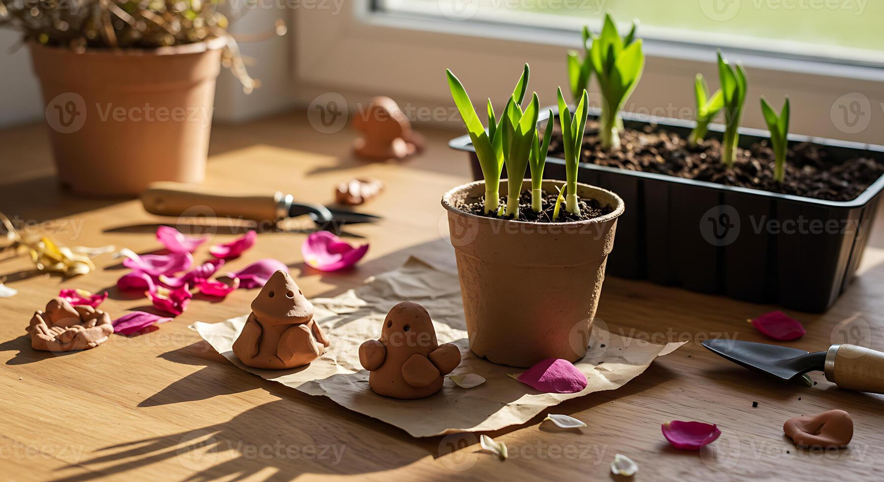 Gardening Scene with Clay Figures and Potted Plants on Wooden Table photo