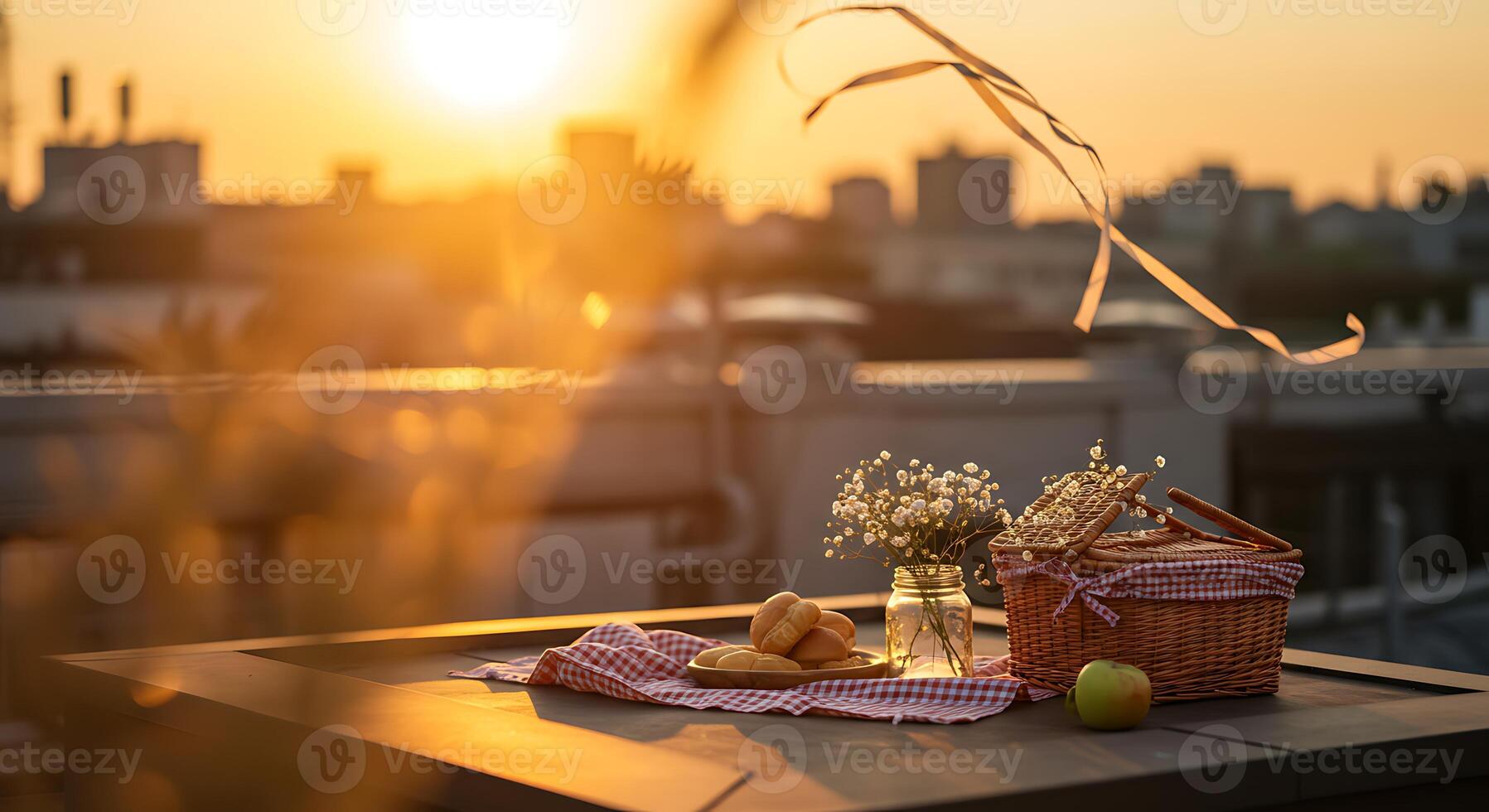 Picnic Basket and Flowers on Rooftop Table at Sunset Serenity photo