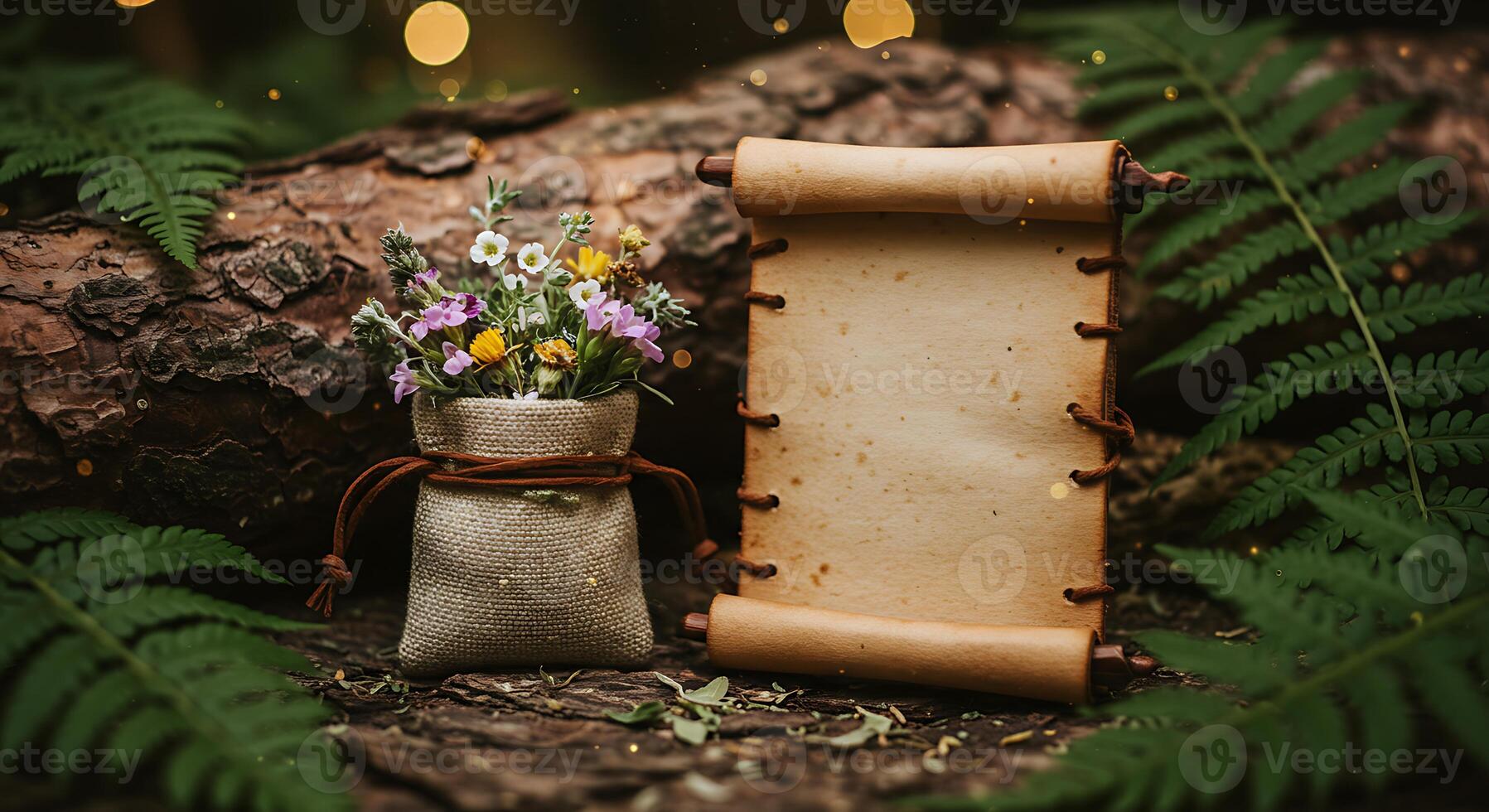 Flowers in a Burlap Bag with Aged Parchment Scroll on Wood photo