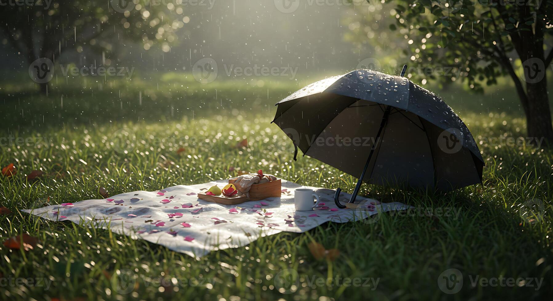Rainy Day Picnic in the Park with Umbrella and Blanket photo