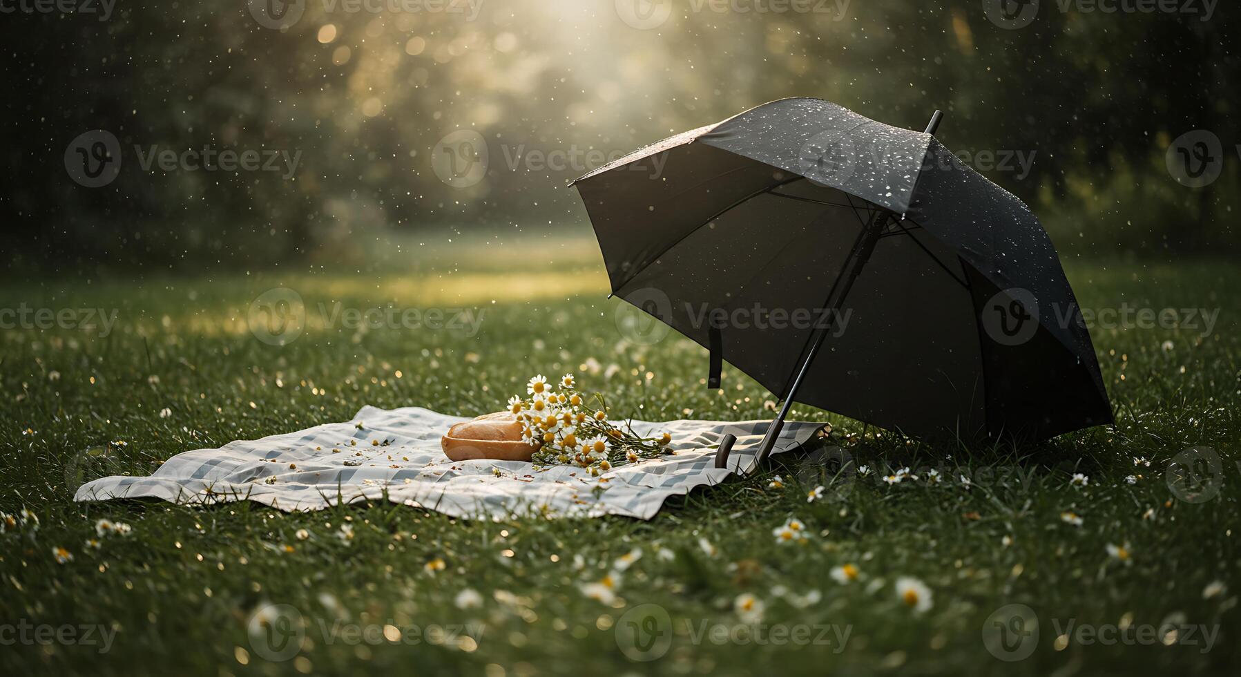 Enjoying Rainy Day Picnic Umbrella Flowers and Bread on Blanket Outdoors photo