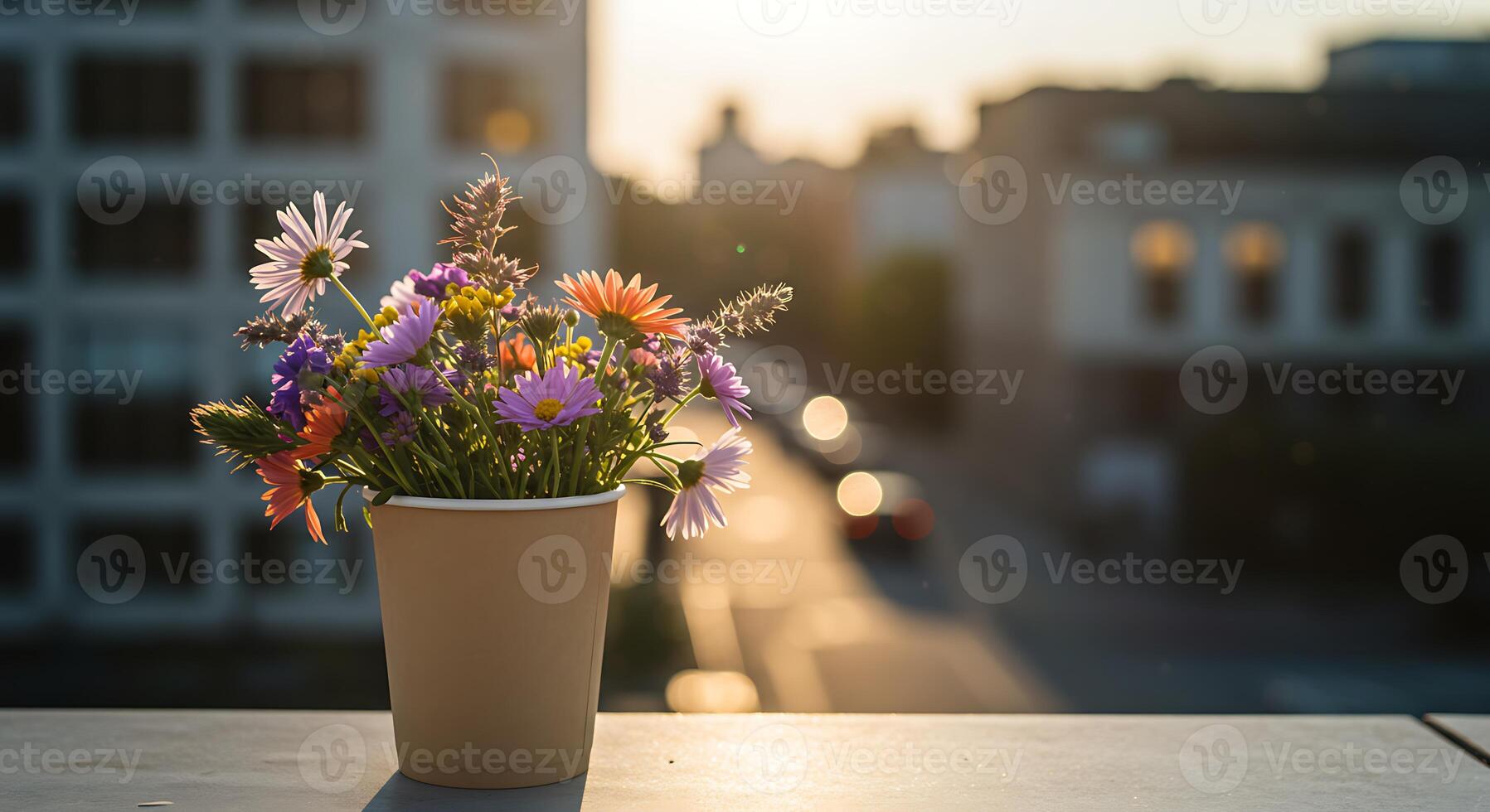 Wildflower Bouquet in Cup with City Building Background at Sunset photo