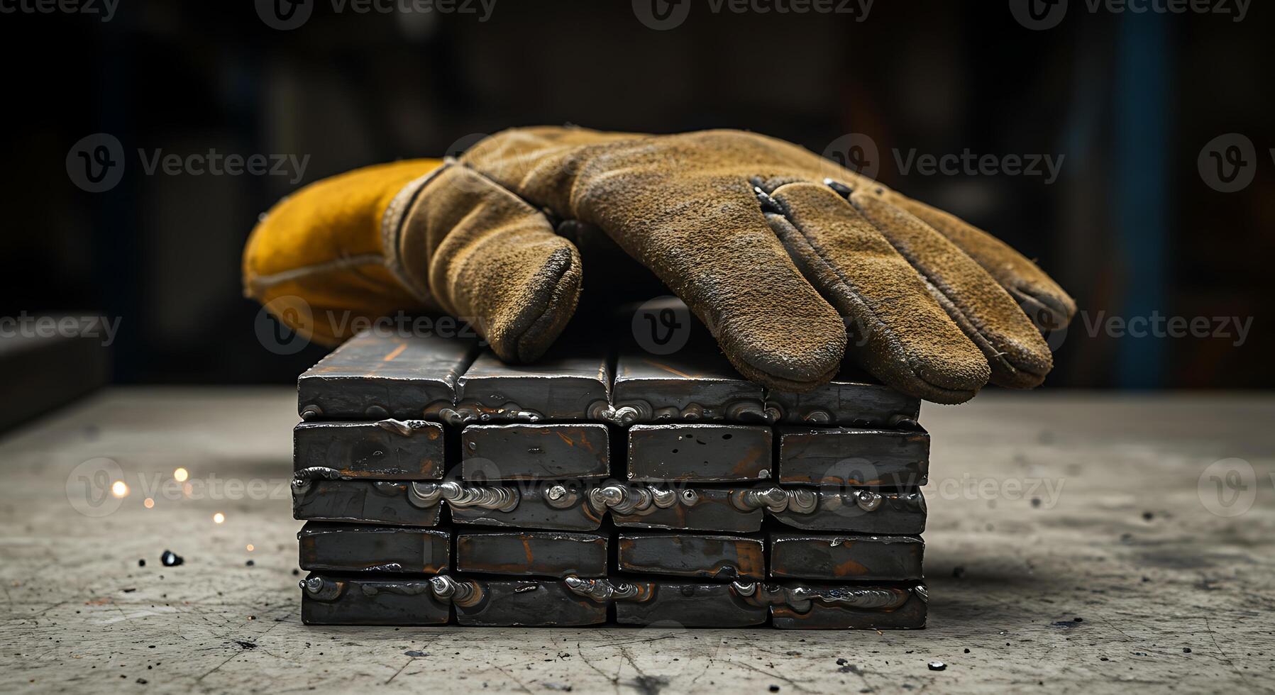 Welding Glove Resting on Stacked Metal Pieces in Workshop photo
