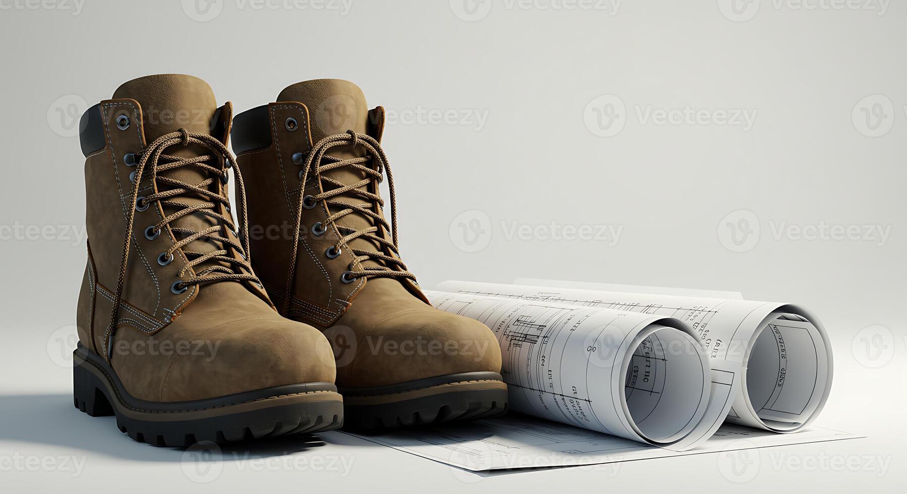 Work Boots and Blueprints on White Background Ready for Project photo