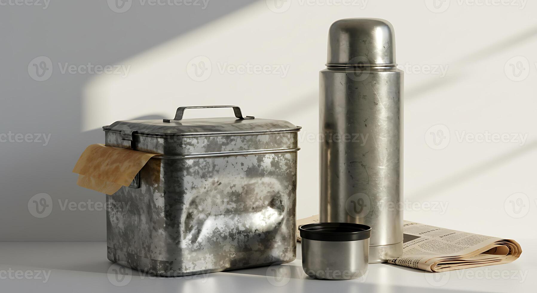 Still Life with Metal Container, Thermos, and Newspaper on White Surface photo