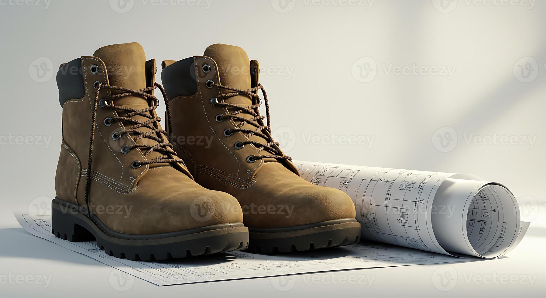 Work Boots on Blueprint Paper Pair of Safety Shoes photo