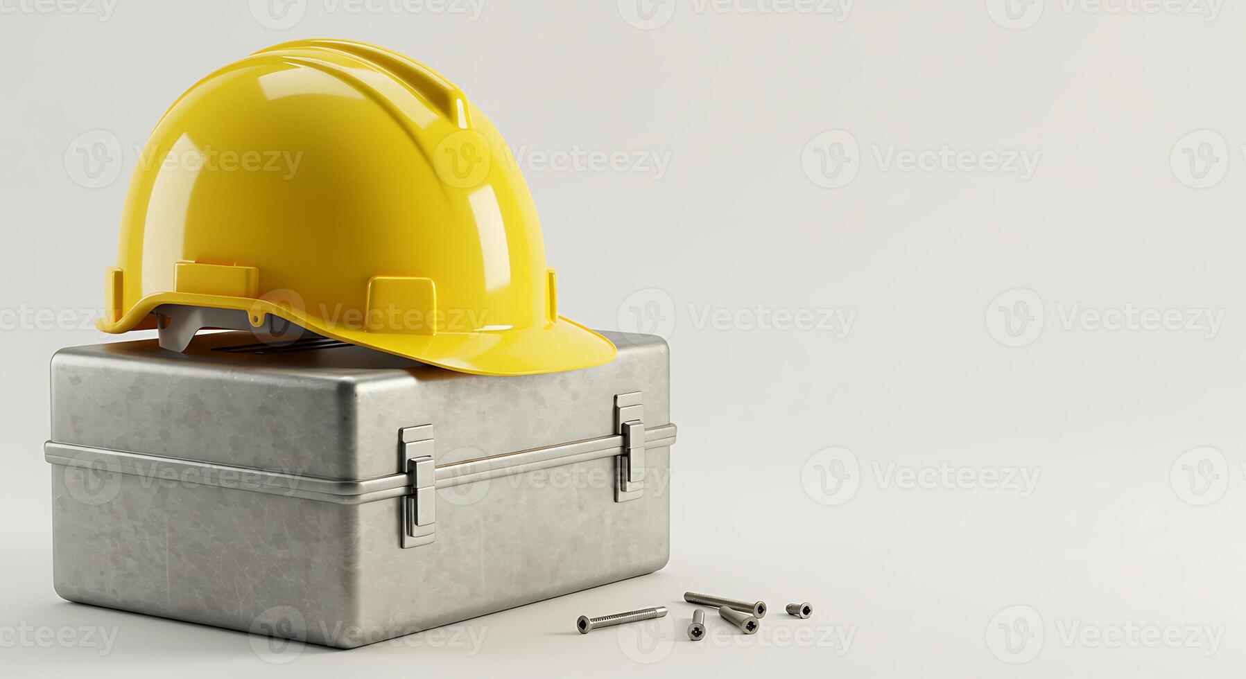 Hard Hat Resting on Toolbox with Metal Fasteners photo