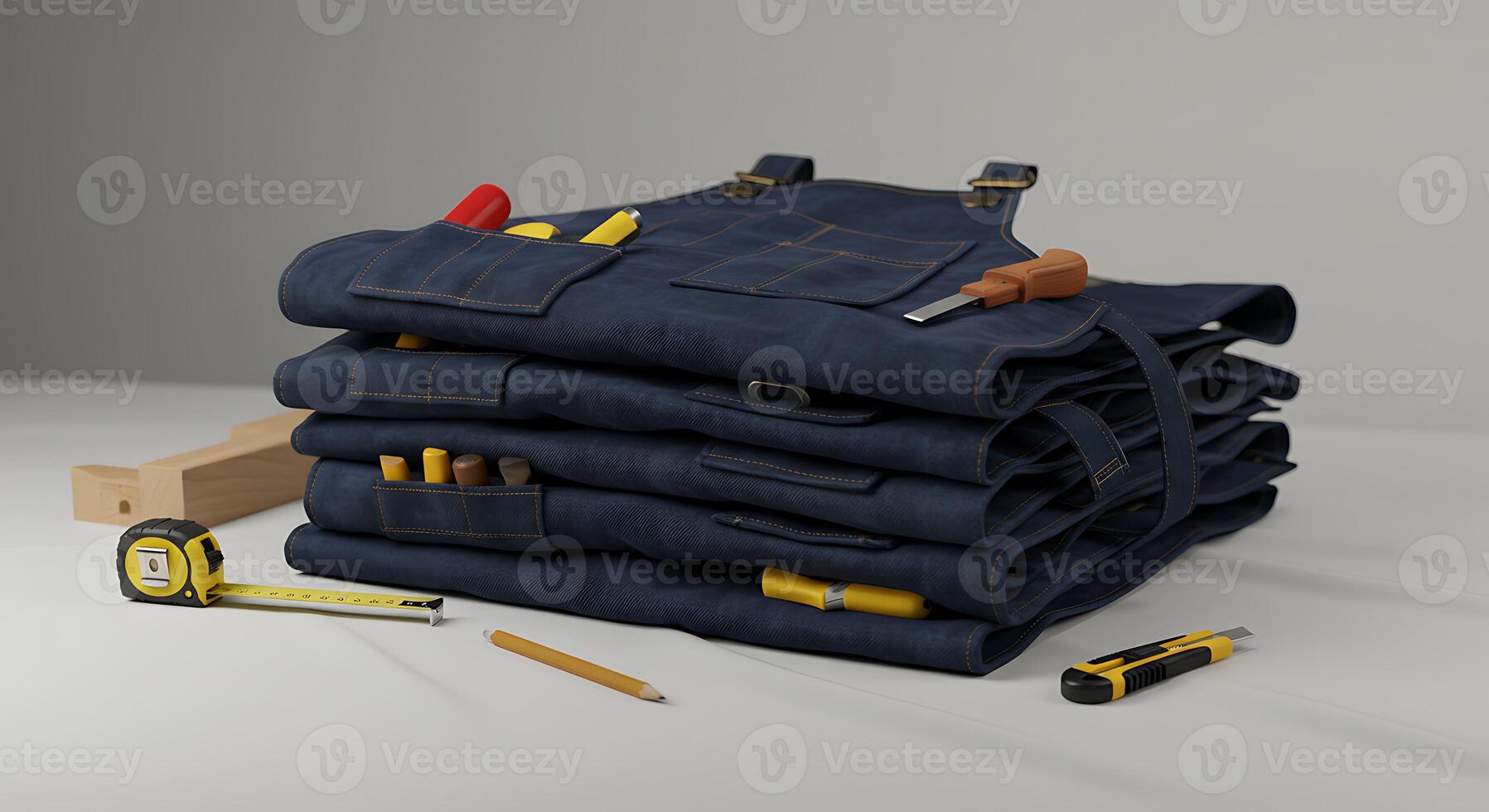 Stacked Denim Aprons with Tools for Crafting and Repair photo