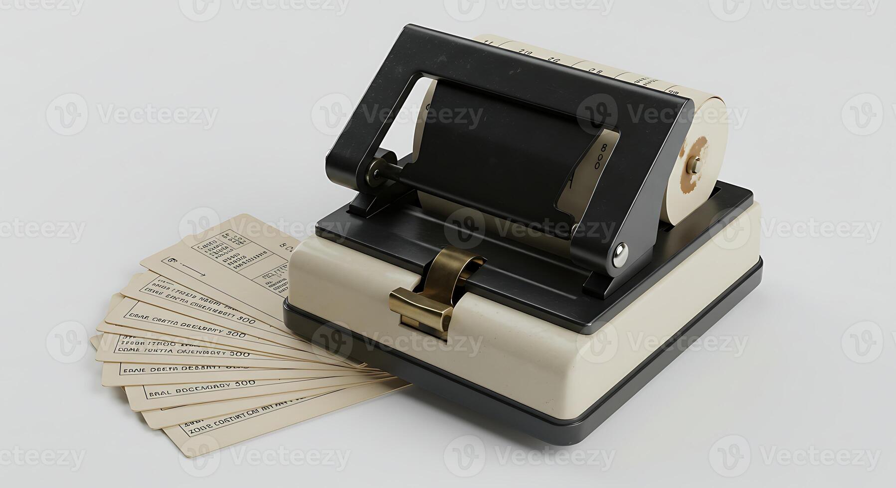 Vintage Labeling Machine with Fan of Text Cards on Neutral Background photo