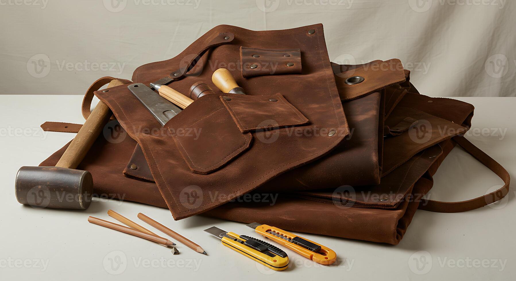 Crafting Tools and Leather Apron Still Life with Hammer and Chisels photo