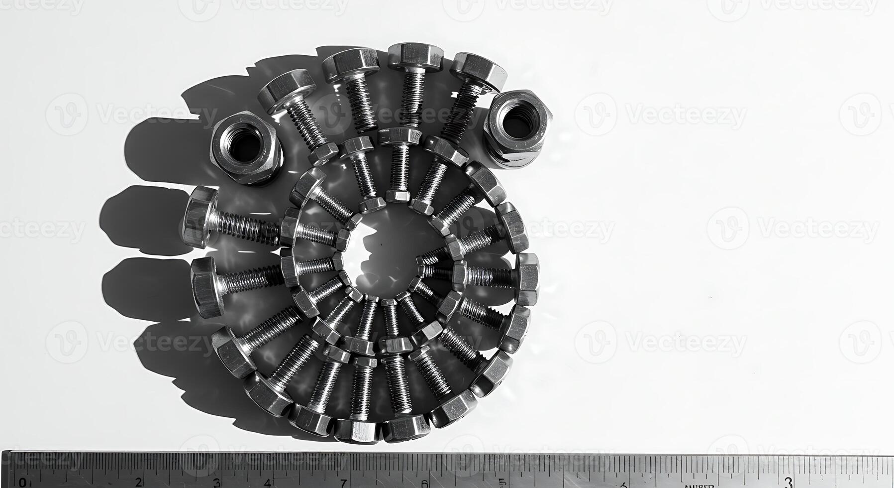 Bolts and Nuts Arranged in Spiral Pattern with Ruler photo