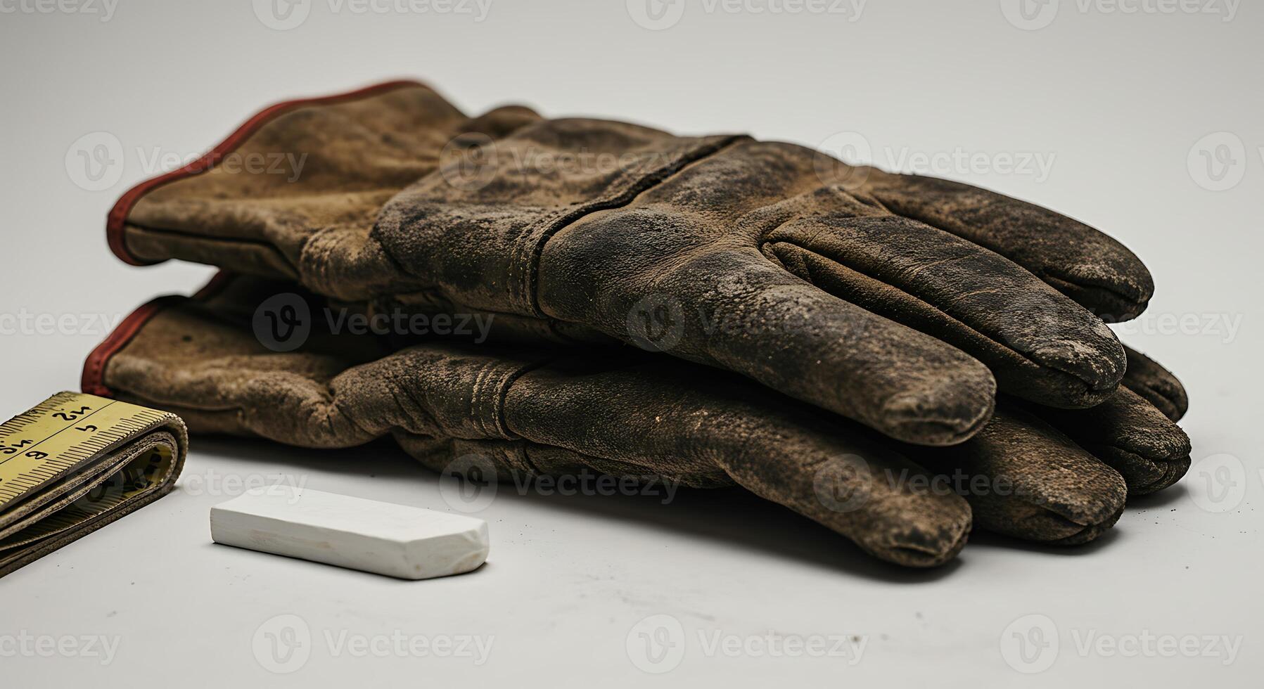 Pair of Worn Leather Work Gloves with Chalk and Tape Measure photo