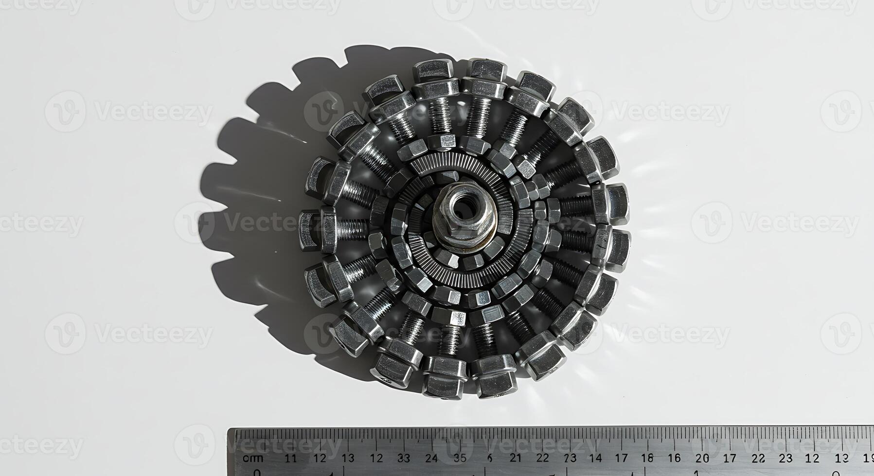 Metal Fastener Art with Ruler on White Surface photo