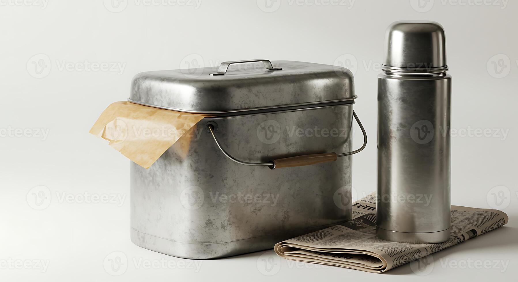 Metal Lunchbox and Thermos Still Life Against White Backdrop photo