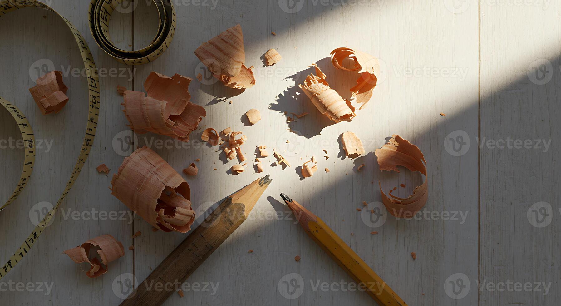 Sharpening Pencils with Wood Shavings and Measuring Tape on White Table photo