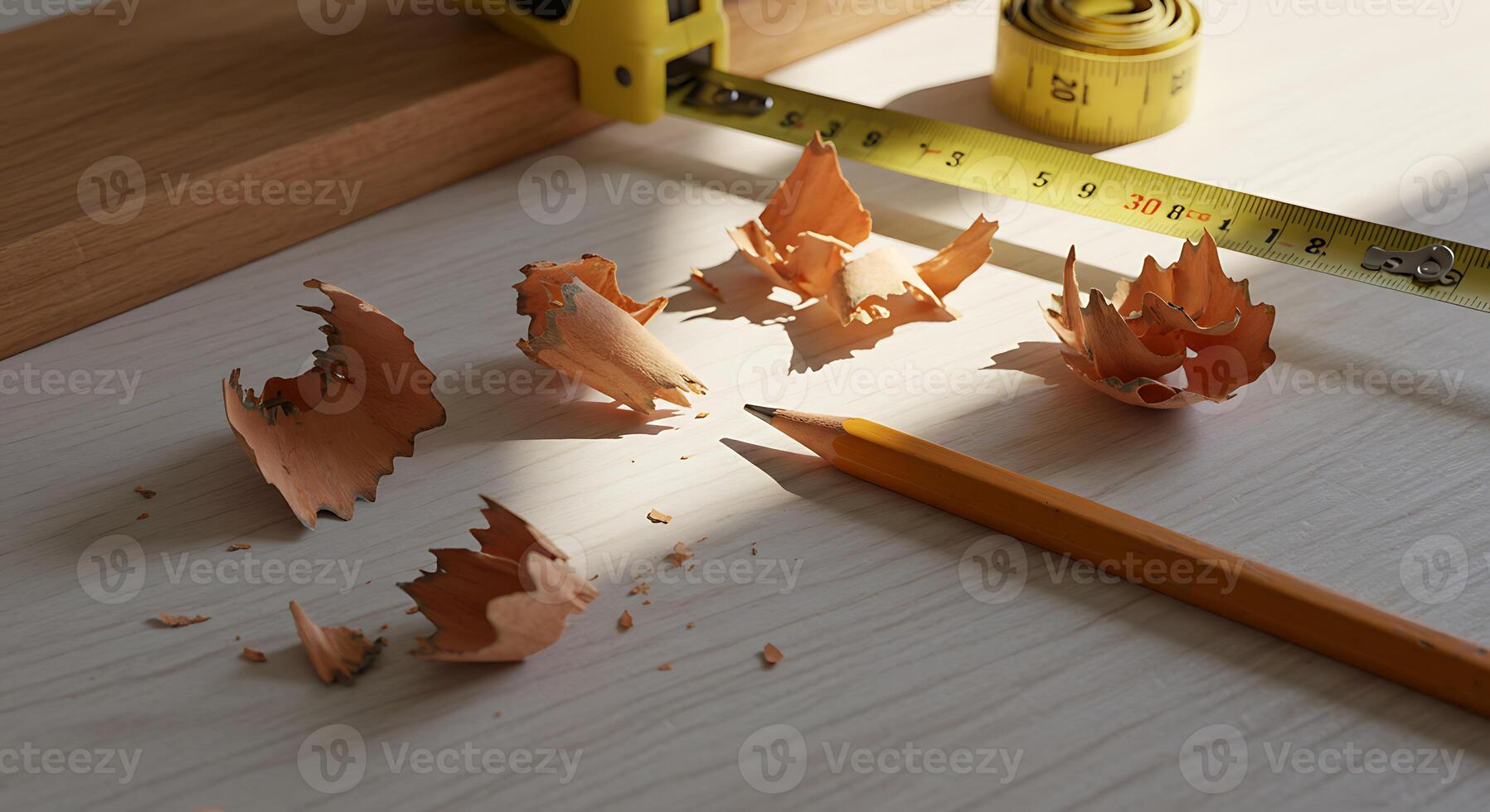 Pencil and Measuring Tape with Wood Shavings on Table photo