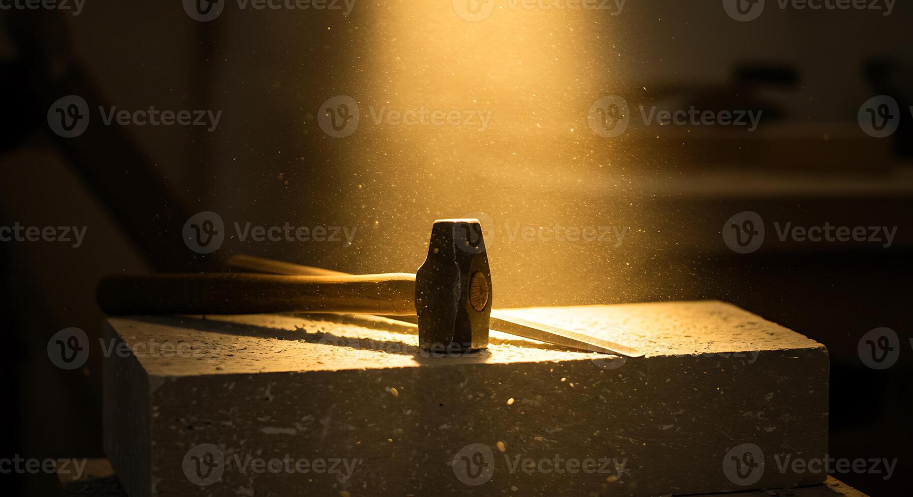 Hammer and Chisel on Stone Block with Dust Particles in Sunlight photo