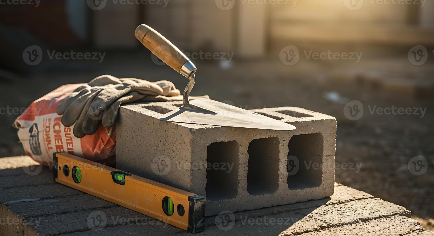 Construction Site Showing Cinder Block, Trowel, Level, Gloves and Cement photo