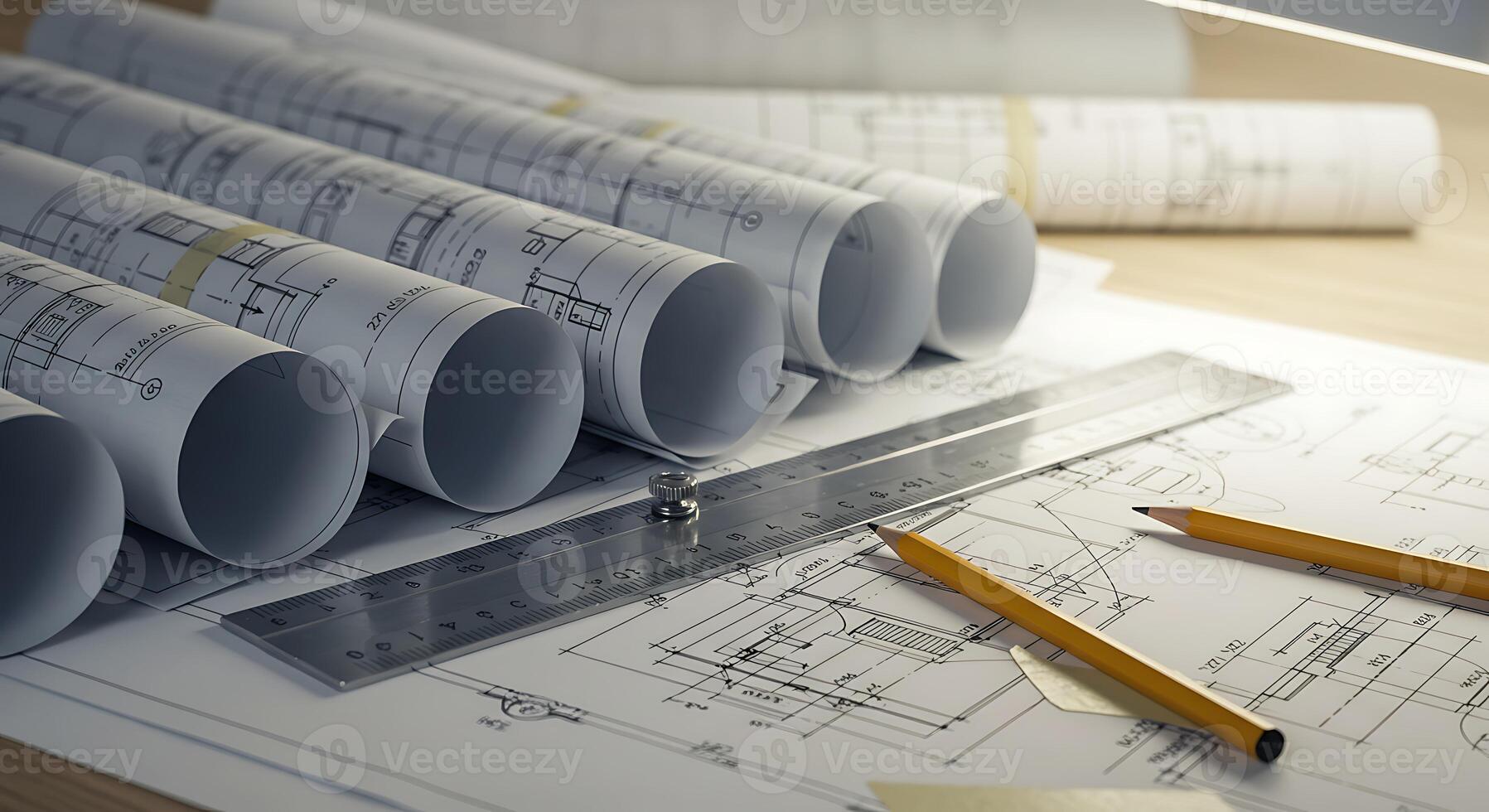 Studying Architectural Blueprint with Pencil and Metal Ruler on Desk photo