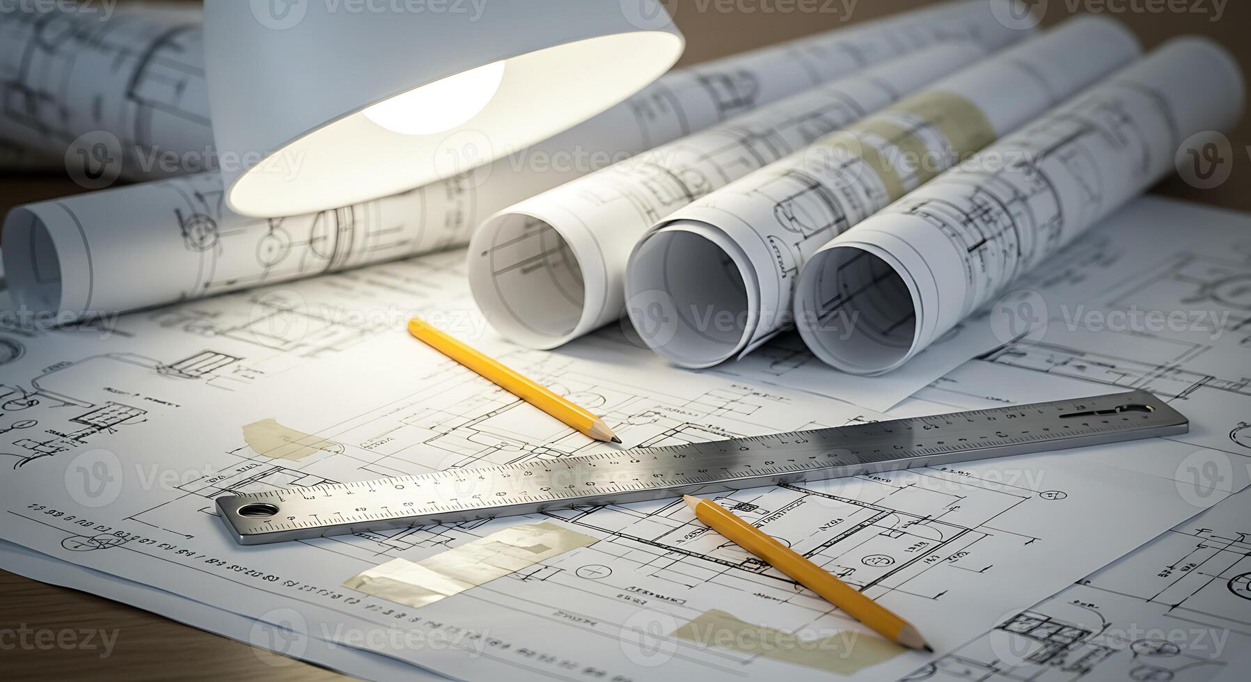 Examining Architectural Blueprints with Pencil and Ruler Under Desk Lamp photo