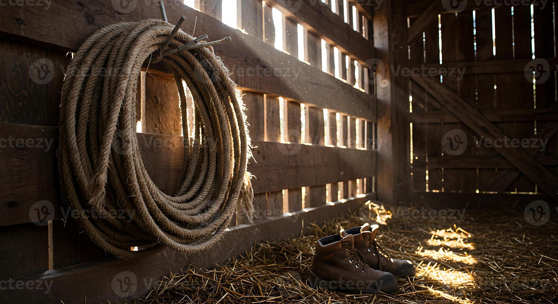 Rope and Boots Inside Rustic Barn with Hay and Sunlight photo