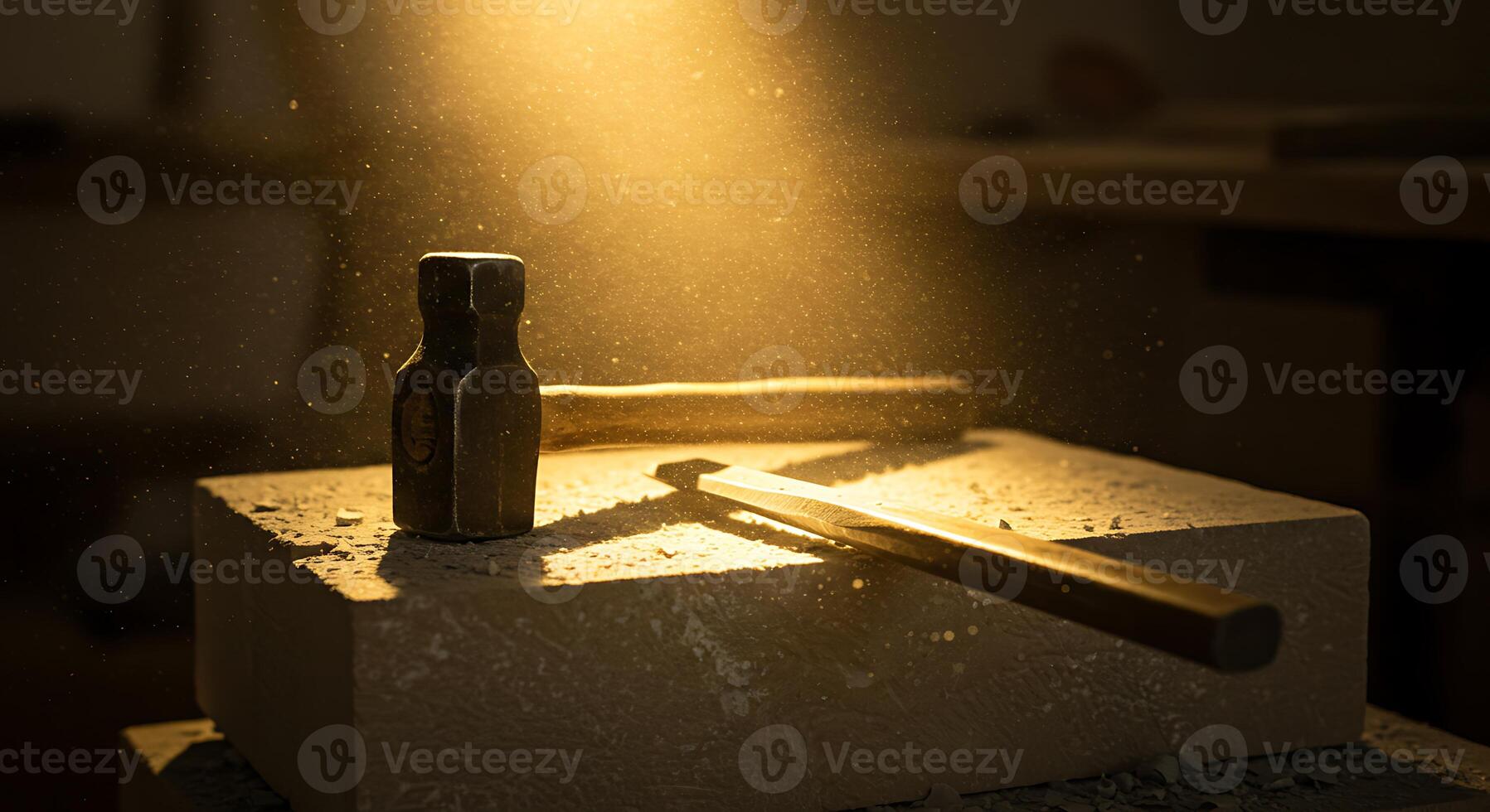 Hammer and Chisel on Stone Block Dust Particles in Warm Light photo
