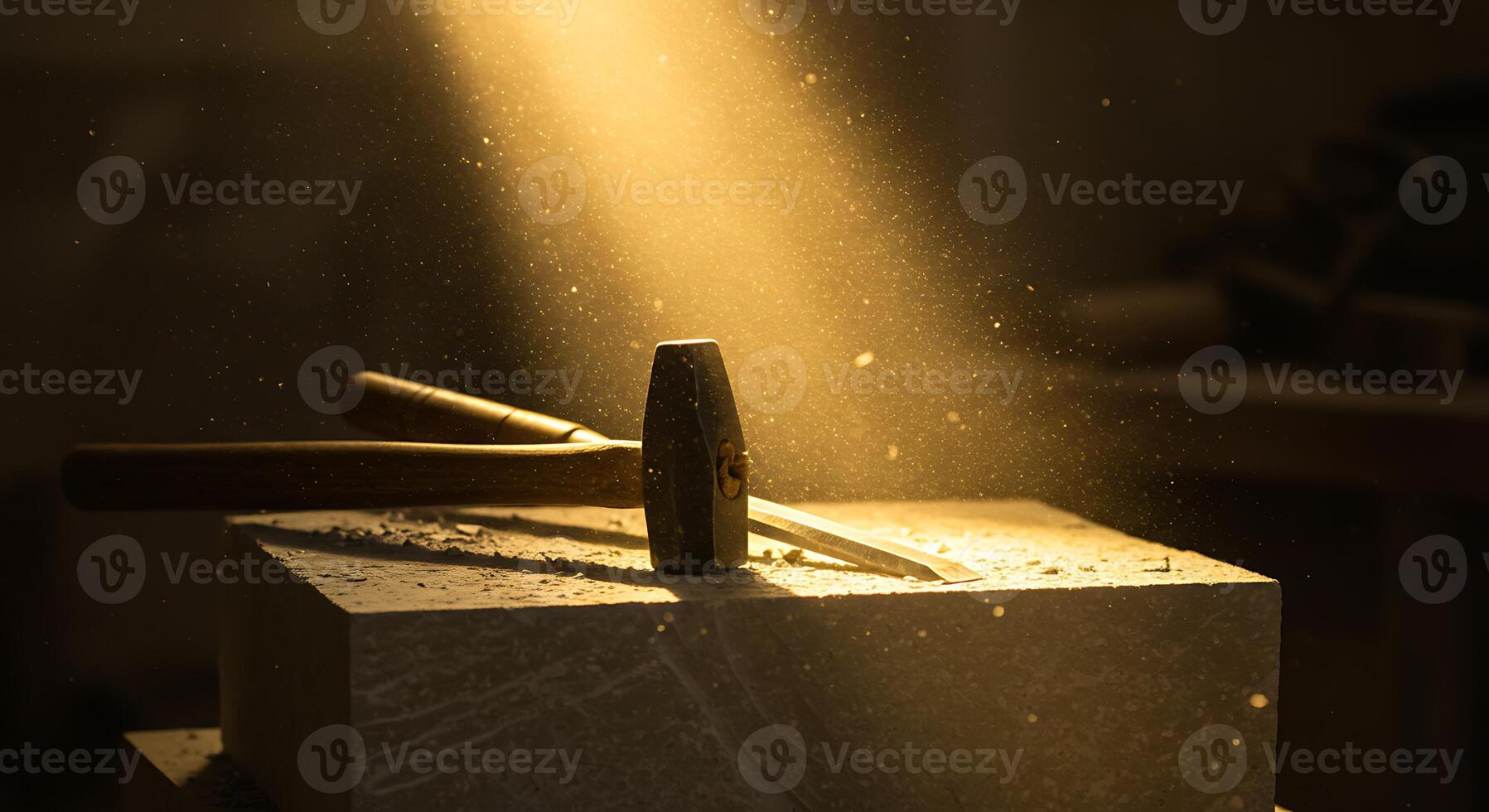Stone Carving Tools Hammer and Chisel with Dust in Sunlight photo