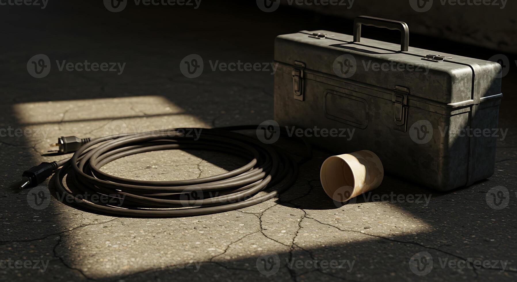 Toolbox and Cable on Cracked Concrete Floor in Sunlight Pattern photo