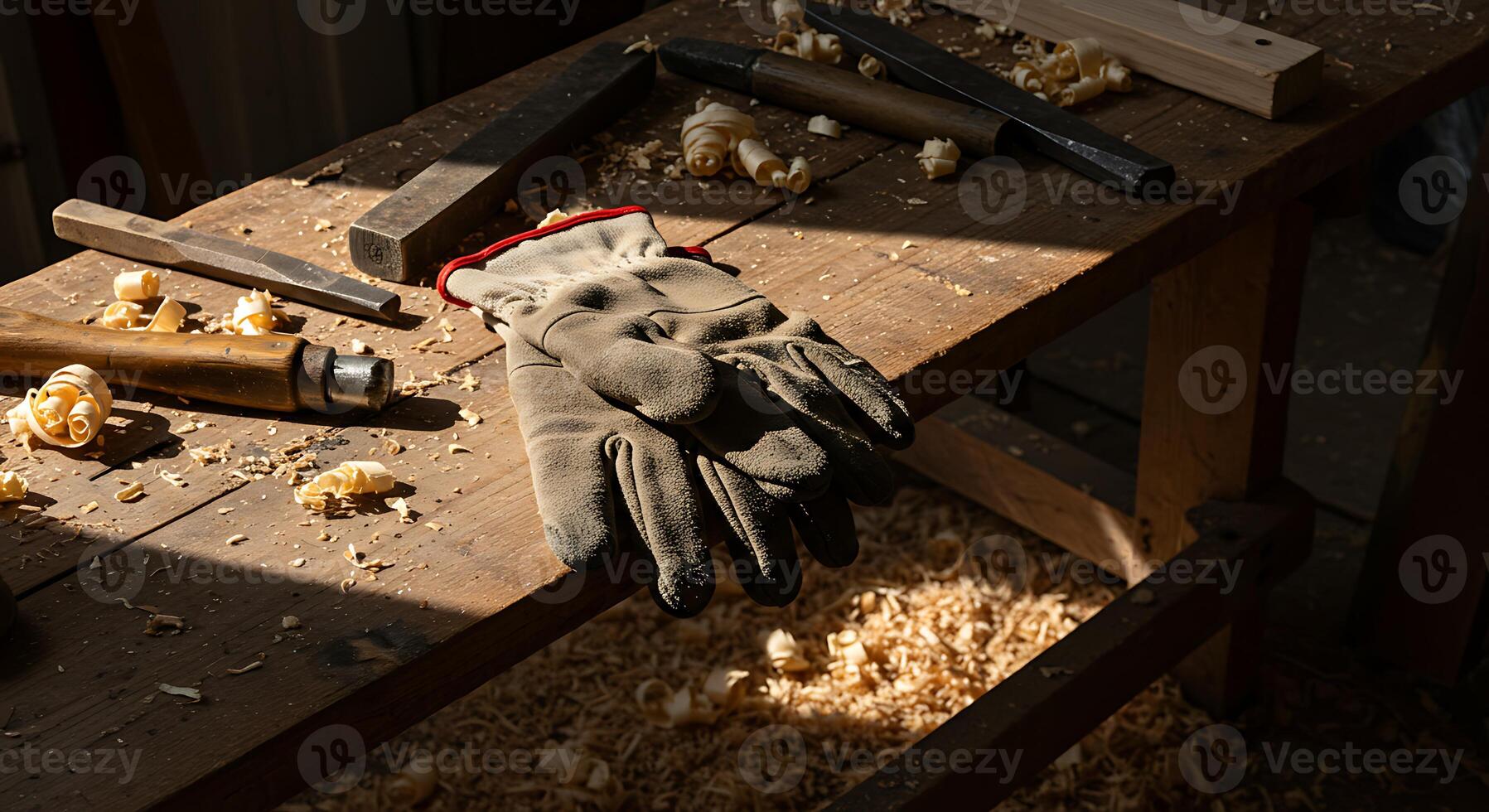 Workbench with Woodworking Tools Gloves and Wood Shavings in Sunlight photo