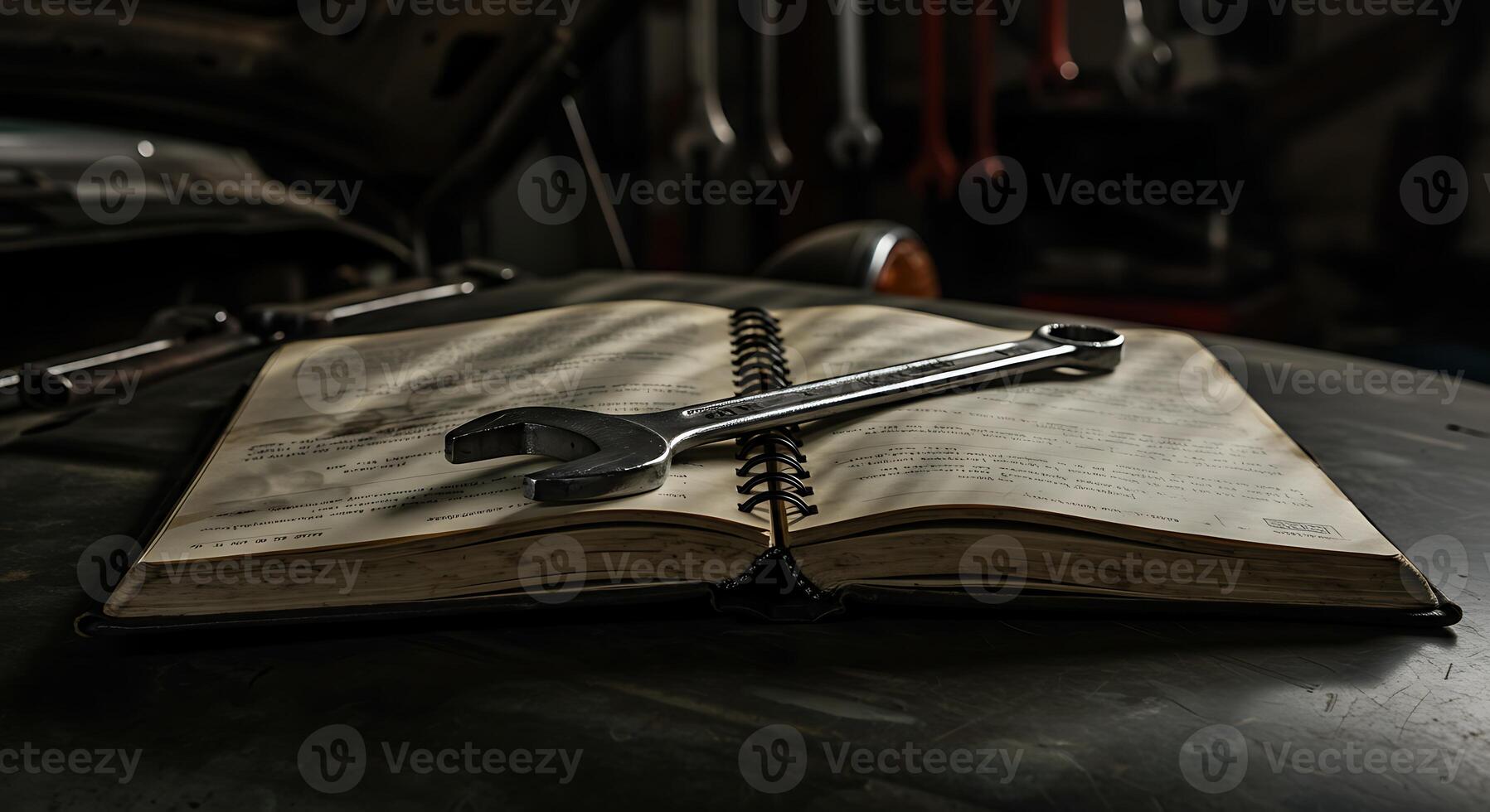 Wrench Resting on Open Manual Inside Dark Auto Repair Shop photo