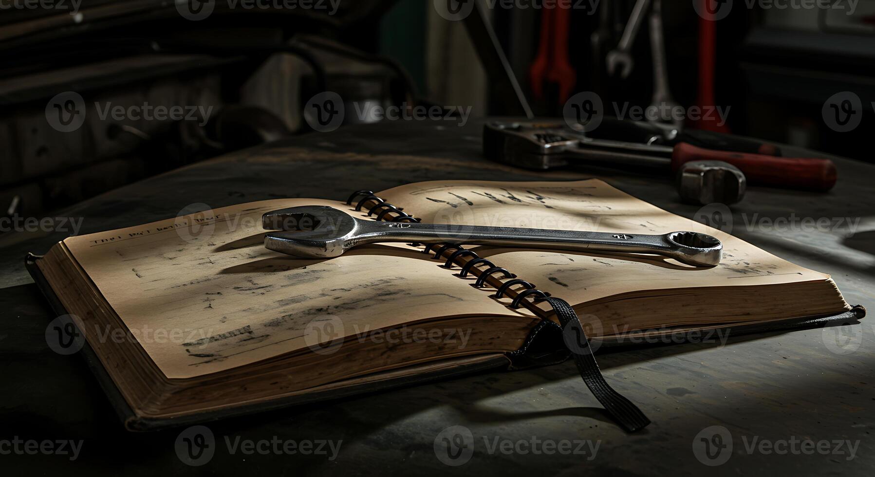 Wrench Resting on Opened Notebook in Dark Workshop Setting photo