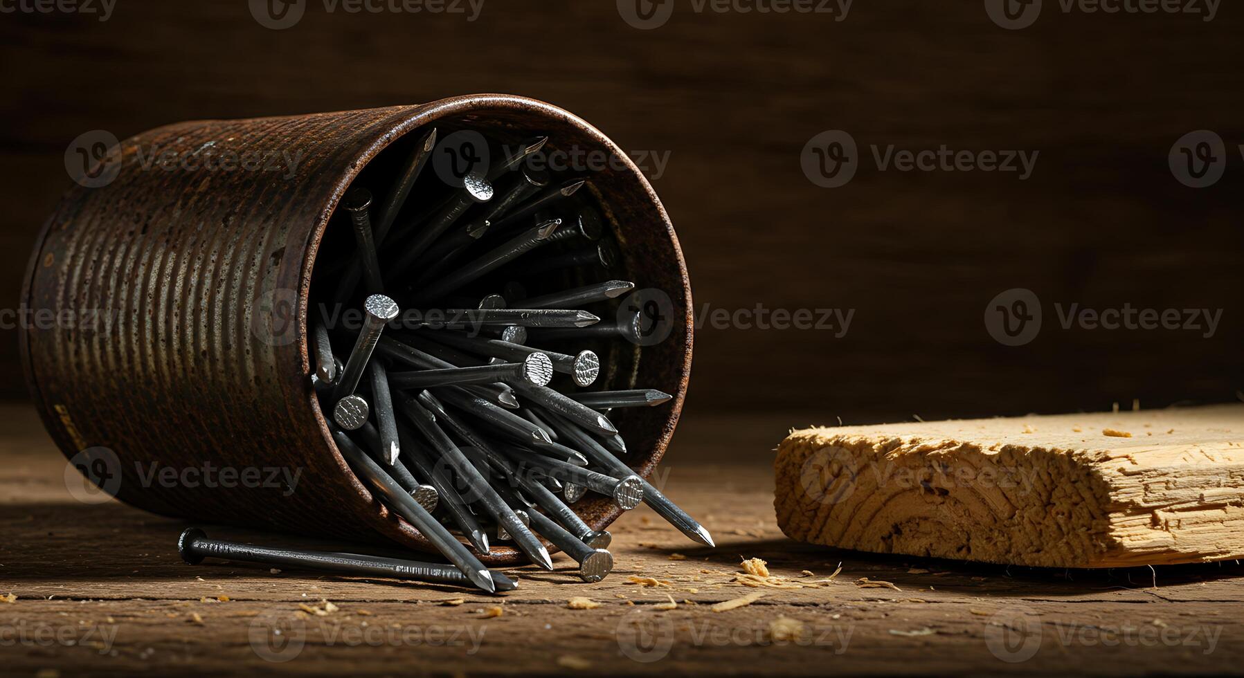 Nails Spilling From Metal Container with Wooden Board on Table photo