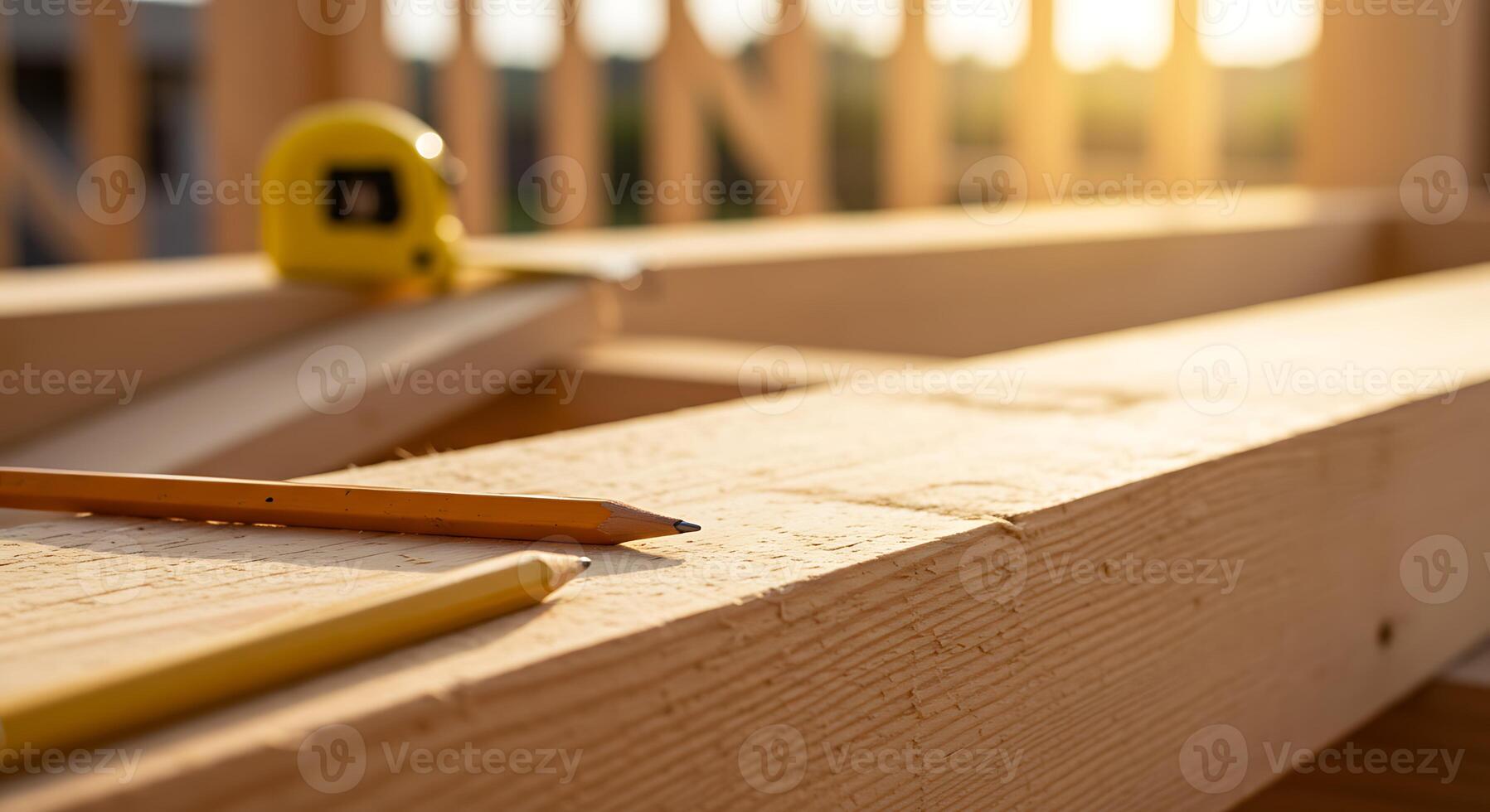 Building Project Frame with Lumber Pencils and Tape Measure at Sunset photo