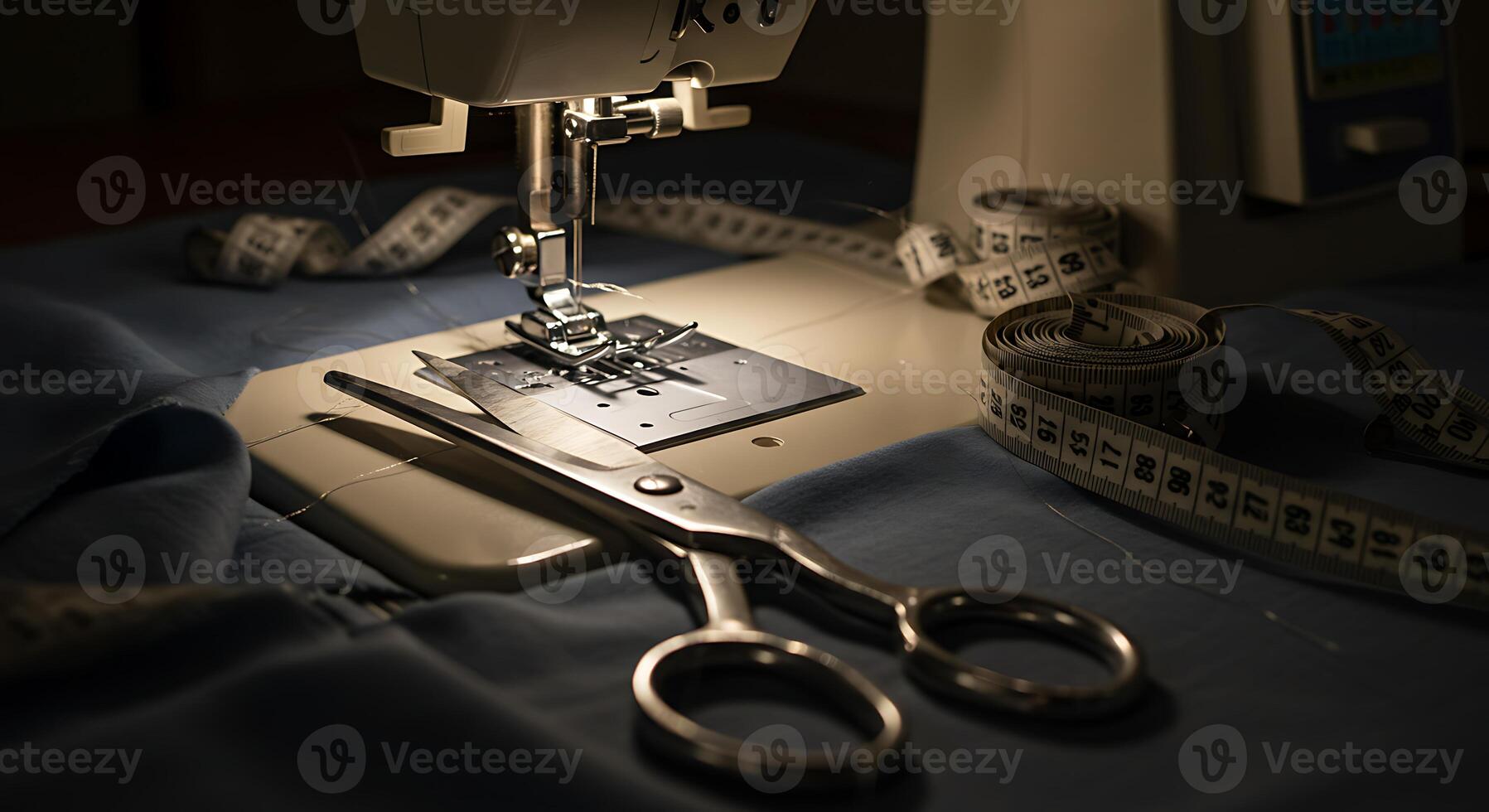 Sewing Machine and Scissors on Blue Fabric Preparing for Sewing Task photo