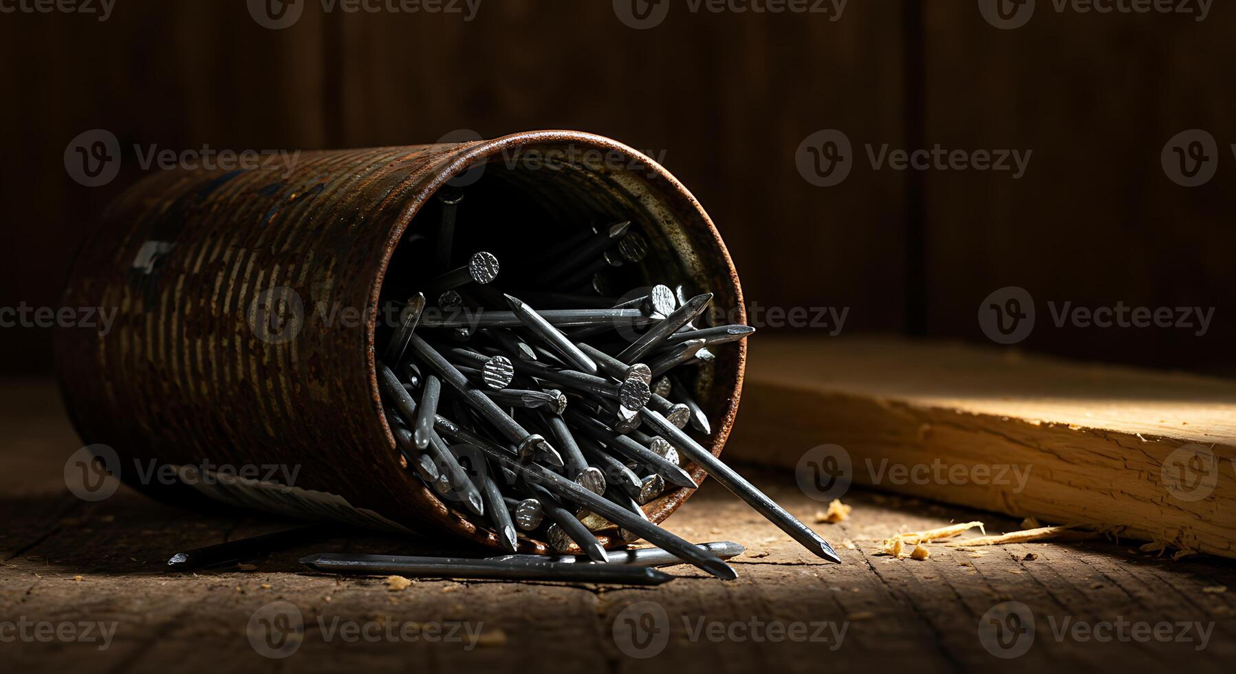 Metal Nails Overflowing Rusty Can on Wood Surface with Light photo