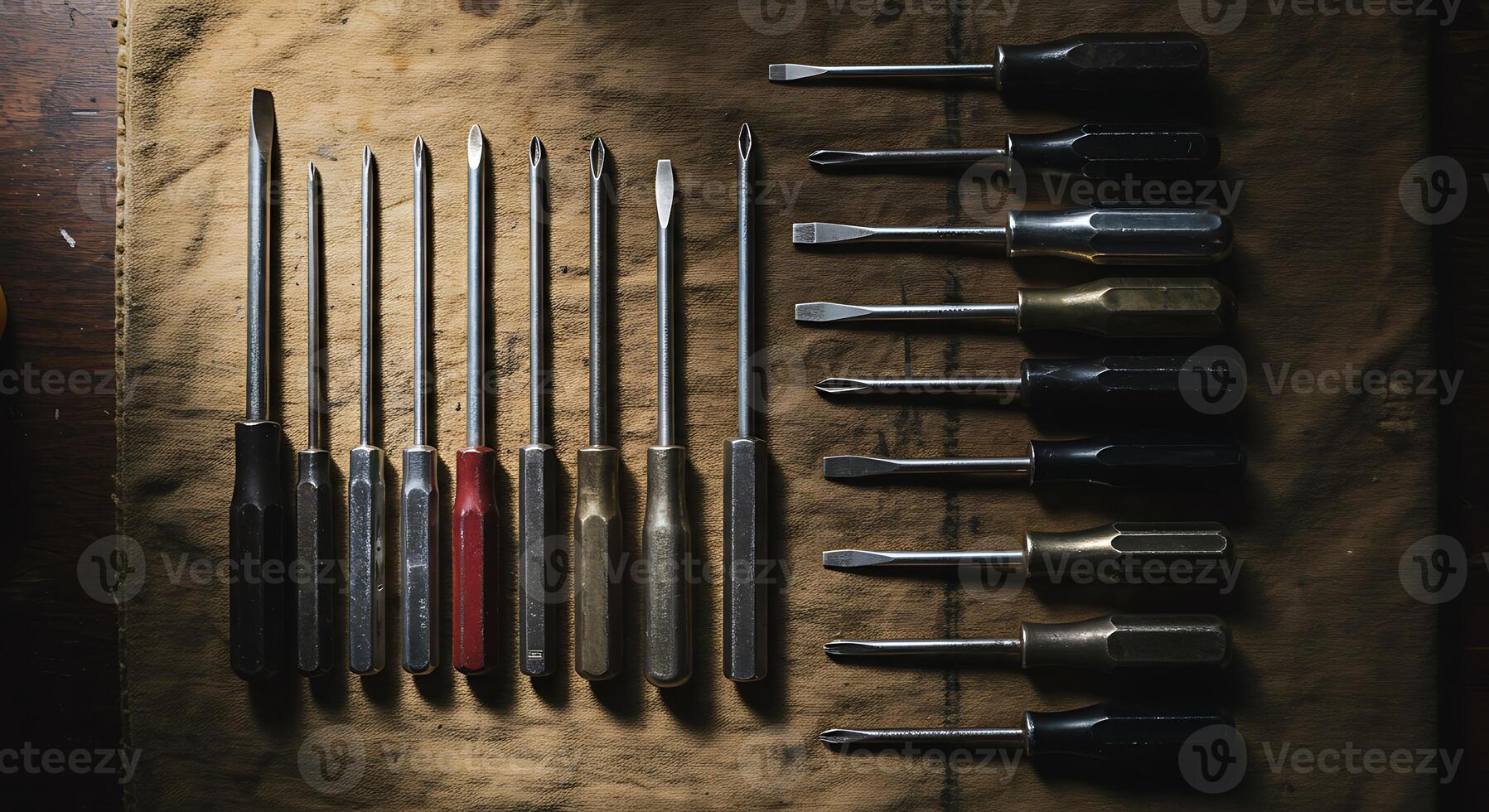 Assorted Screwdrivers Arranged on Cloth Surface with Vintage Tool Aesthetic photo