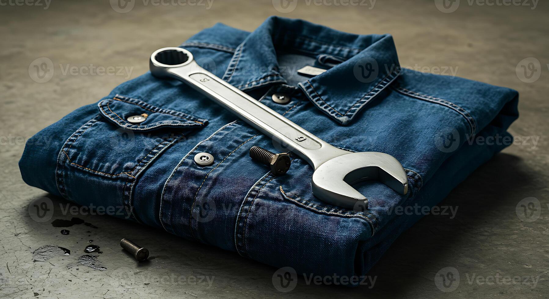 Wrench on Folded Denim Shirt with Metal Bolt Still Life photo