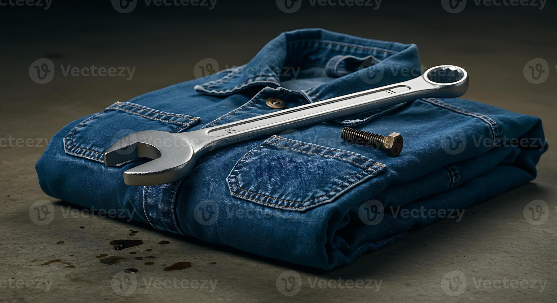 Wrench and Bolt on Folded Denim Shirt Showing Labor Work photo