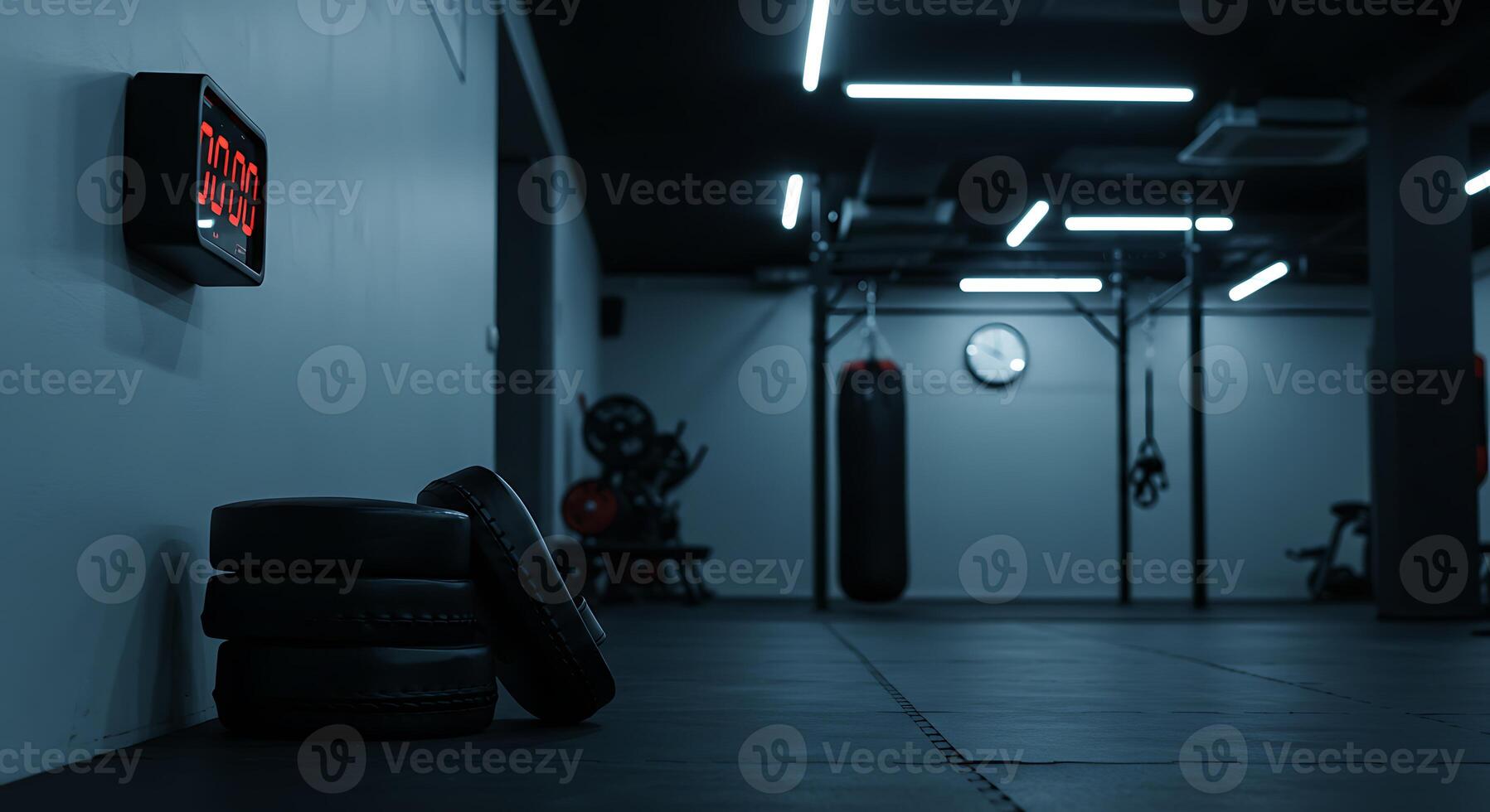 Pads and Timer in Gym Interior for Workout Space photo