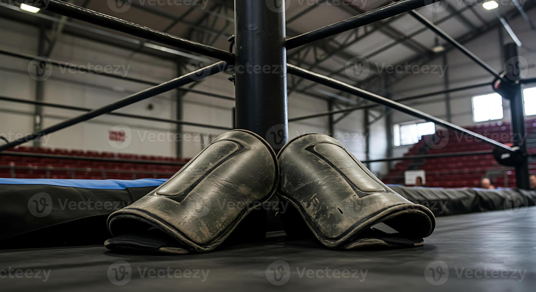 Worn Leg Guards Resting on Boxing Ring Floor photo